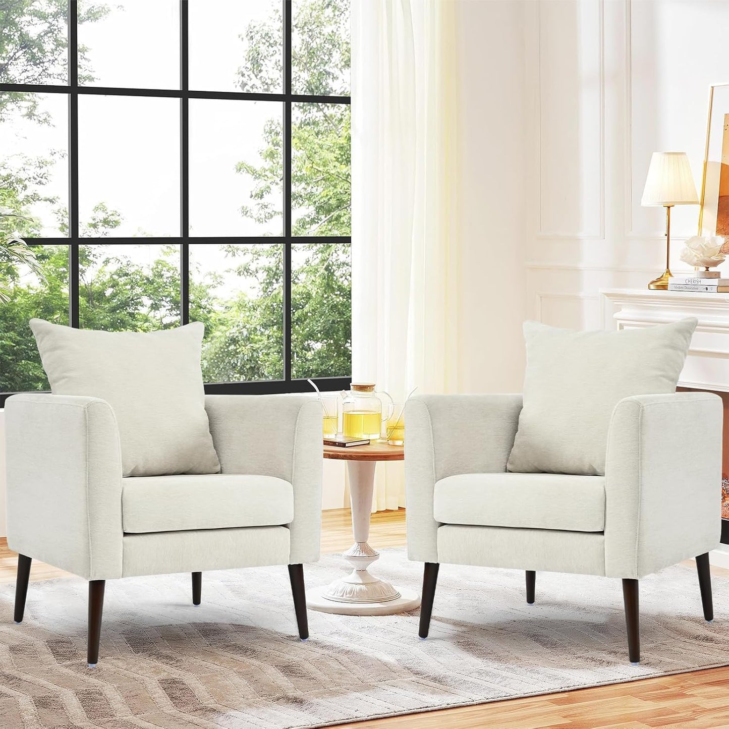 Accent Chairs Set of 2 for Living Room, Chenille Upholstered Mordern Armchair, Comfy Soft Padded Lounge Reading Arm Chair in Small Space, Bedroom, Pillow, Solid Wood Leg, Beige