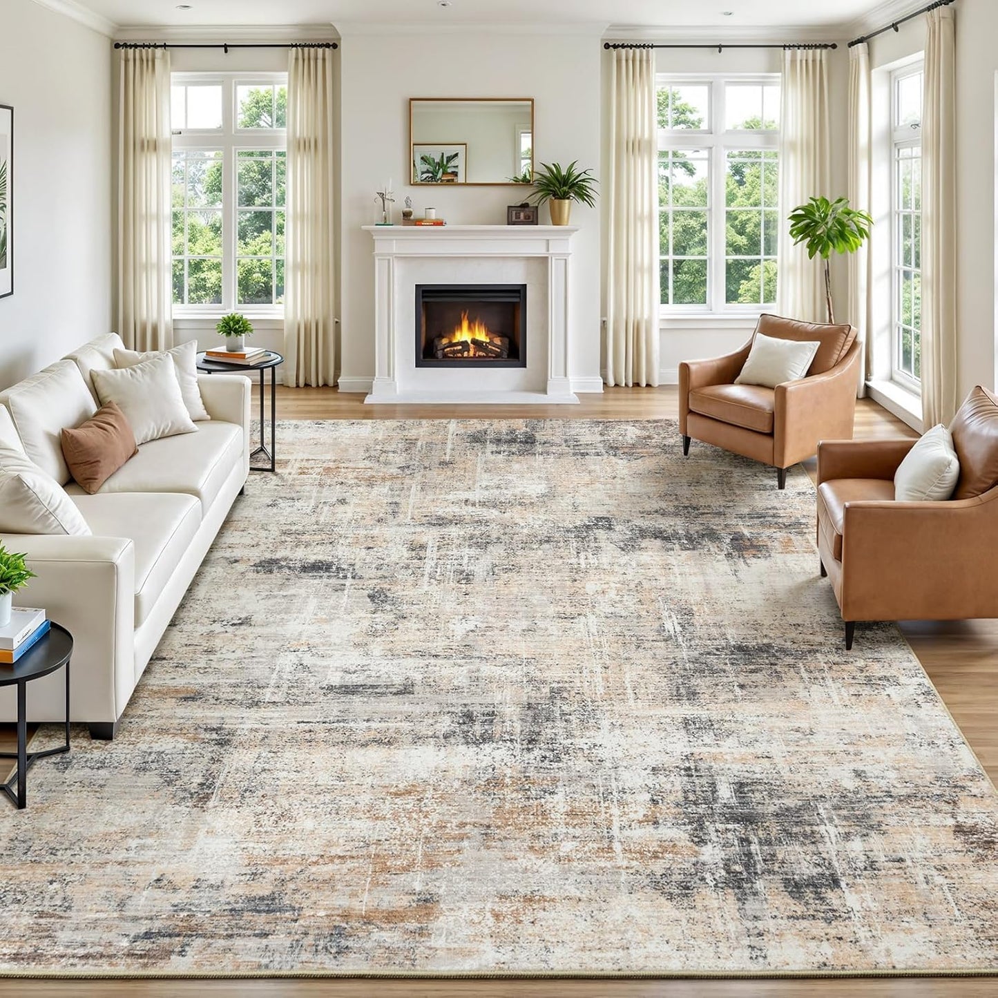 Lofus 8x10 Area Rug for Living Room, Gold Abstract Large Rugs with Non-Slip Backing, Neutral Modern Washable Carpet for Bedroom Dining Room Home Office Nursery Indoor