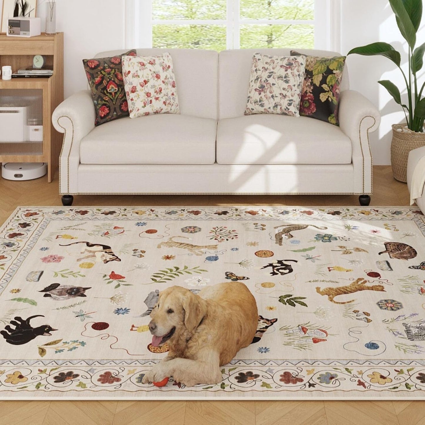 Rugcomf Living Room Rug 5x7 Rug Machine Washable Boho Area Rug Non Slip Floral Animal Cat Vintage Low Pile Large Rugs for Living Room Bedroom Farmhouse Dining Room Kids Playroom, Beige
