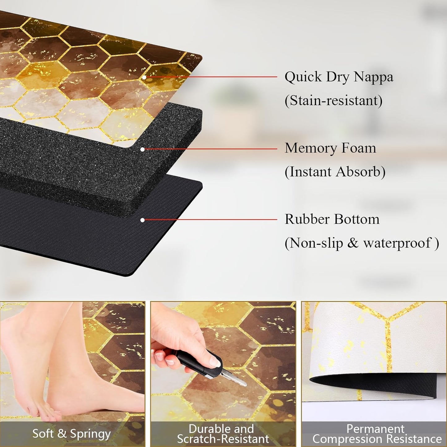 Kitchen Rugs Sets 3 Piece, Non Slip Cushioned Kitchen Mats for Floor Comfort Standing Runner Rugs, Chef Floor Carpet for Sink, Laundry Room, Hallway, Entryway, Bathroom, Brown Honeycomb Marble