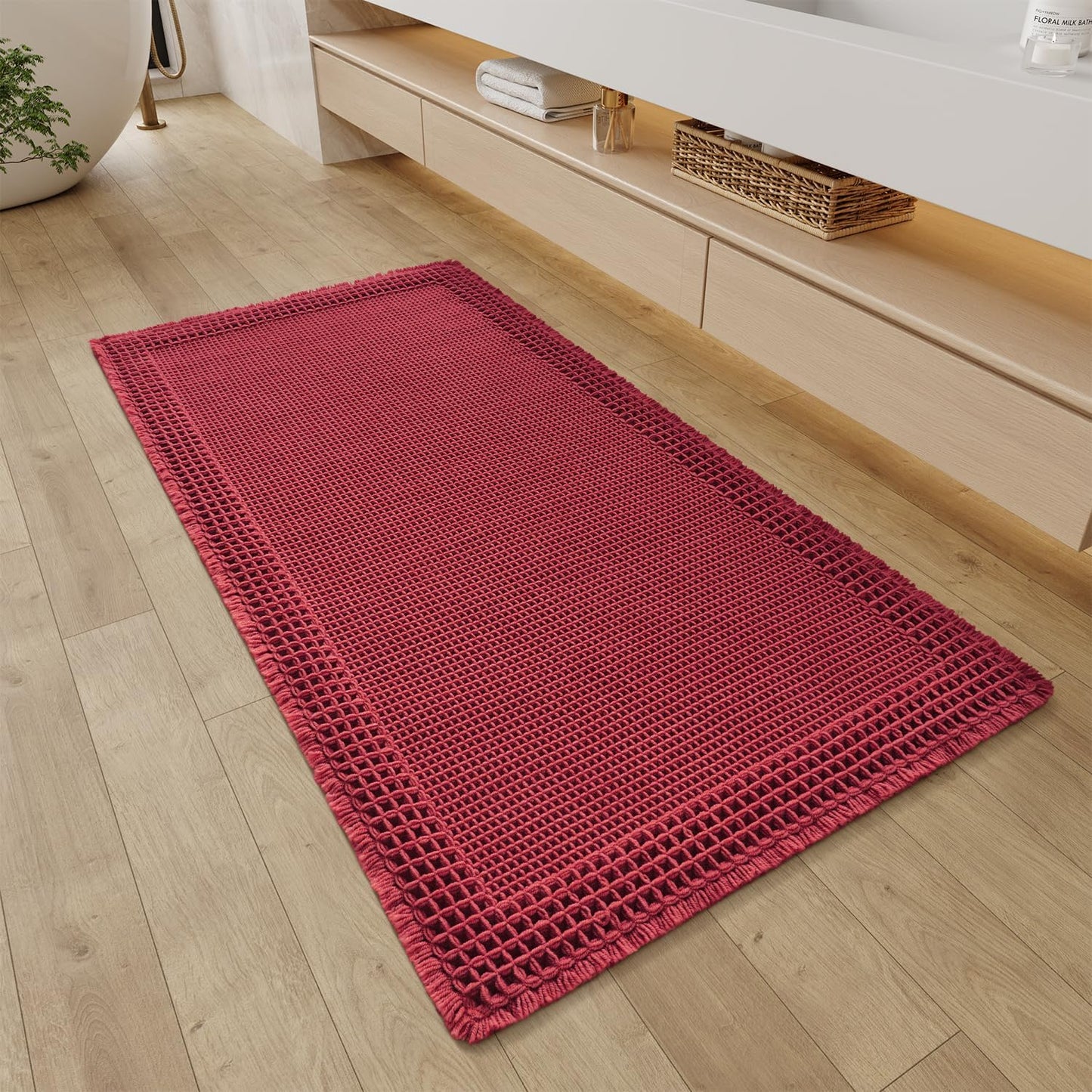 RESARE Waffle Bathroom Runner Rugs, Super Absorbent Bath Mat Non Slip Washable Quick Dry, Upgraded Ultra Soft Boho Bath Rugs with Tassels for Hallway Bedroom Laundry Room, 2'x6'(24"x72"), Brown