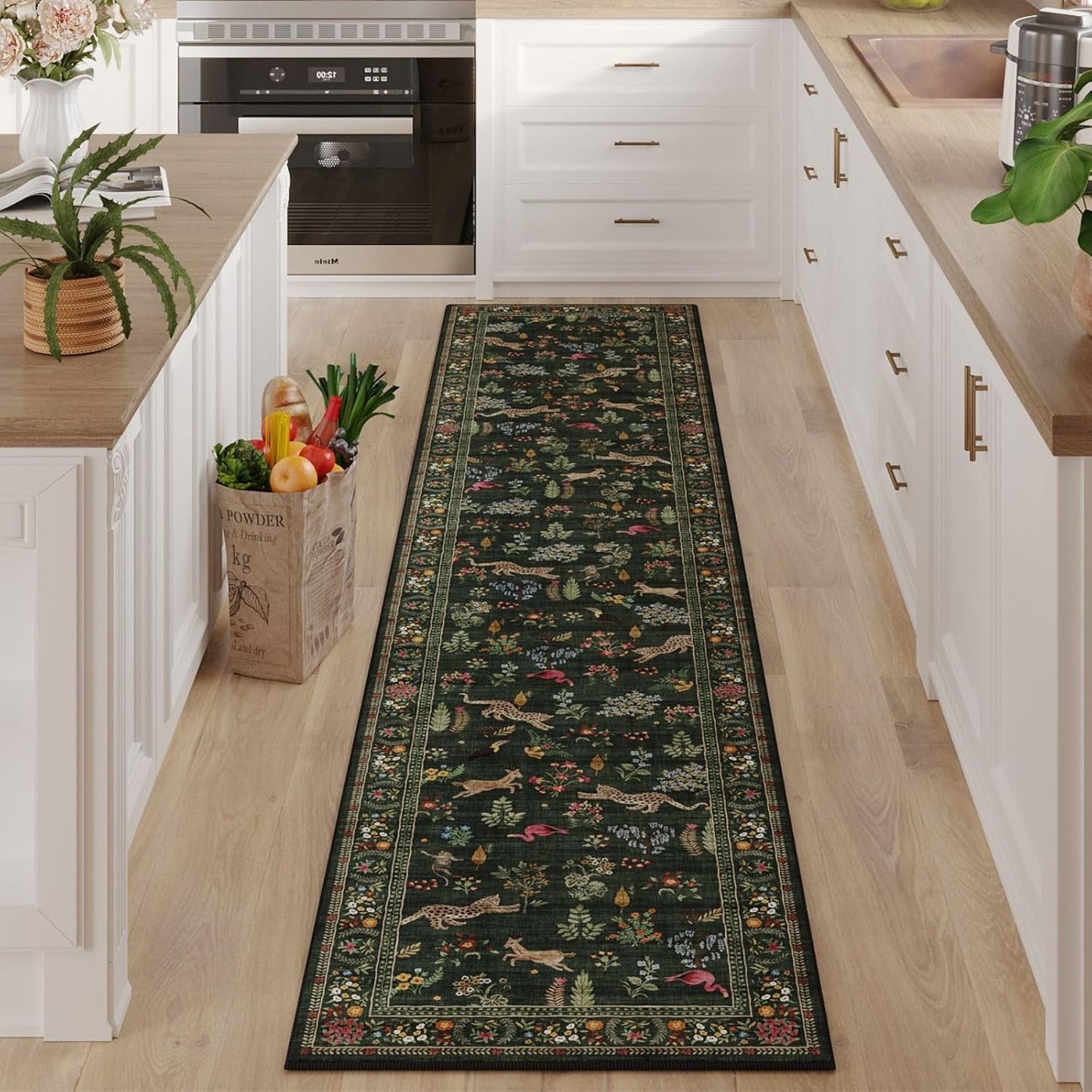 Rugcomf Living Room Rug 5x7 Rug Machine Washable Boho Area Rug Non Slip Floral Animal Cat Vintage Low Pile Large Rugs for Living Room Bedroom Farmhouse Dining Room Kids Playroom, Beige