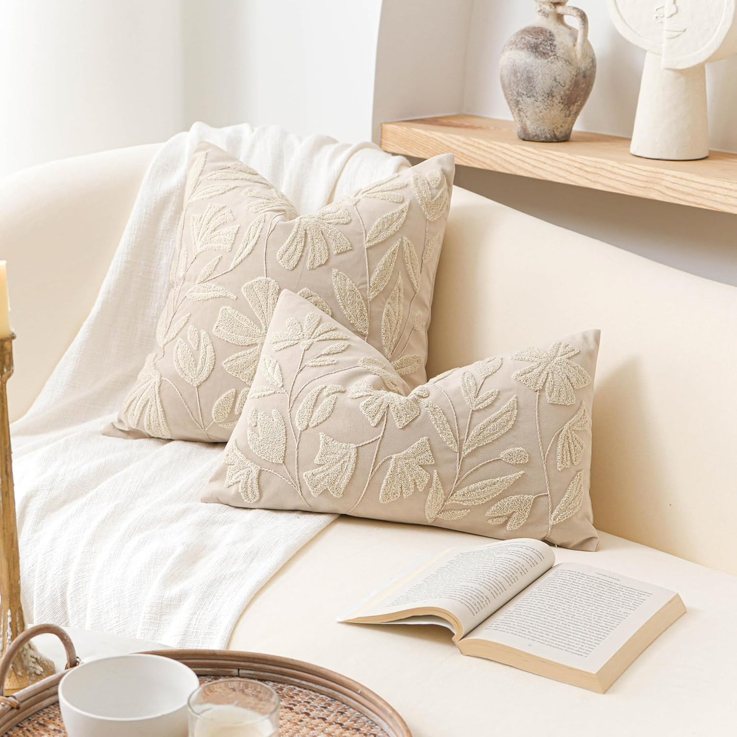 Cream Velvet Floral Decorative Lumbar Throw Pillow Cover 12X20, Flower Tufted Soft Farmhouse Textured Pillowcase, Accent Pillowcase for Couch Sofa Bed Living Room