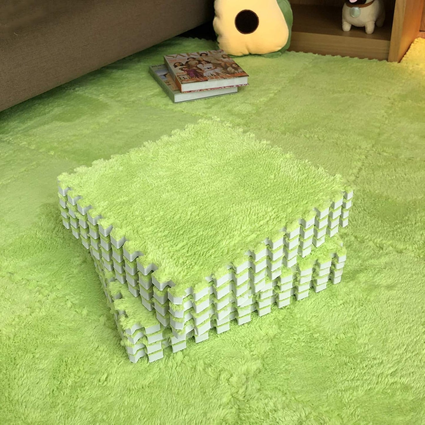 Interlocking Carpet Shaggy Soft EVA Foam Mats Fluffy Area Rugs Protective Floor Tiles Exercise Play Mat for Children Kids Room Home Parlor Bedroom (12 pcs, Gray)