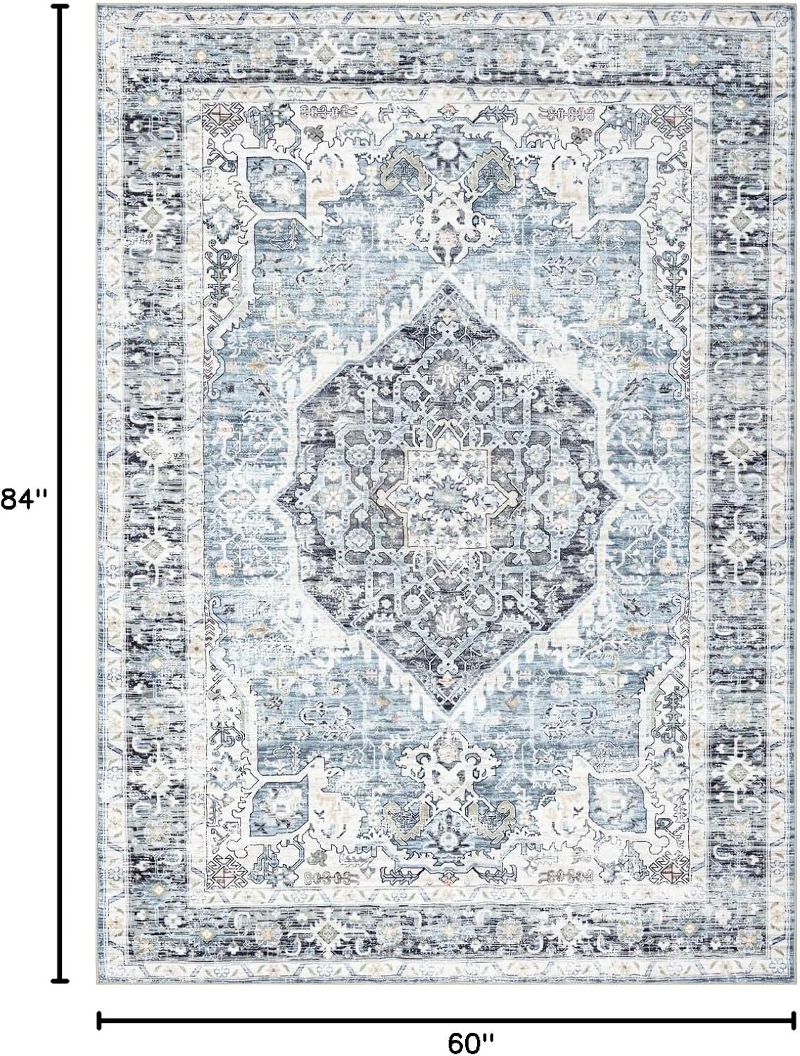 Area Rug 5×7, Vintage Boho Rug,Ultra-Soft Low Pile, Washable, Non Slip,Stain Resistant Printed Carpet for Living Room Bedrooms Playroom Office Kitchen, Light Blue