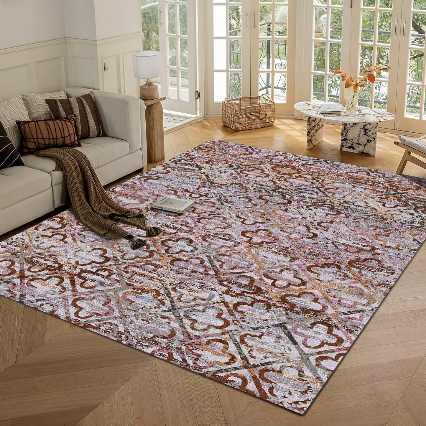 RUGSURE Washable Area Rugs - Perfect for Living Room, Bedroom, Kids Room, Nursery - Stain & Water Resistant Non-Slip, Pet & Child Friendly, Vintage Tribal Area Rugs (Rust, 5' x 7')