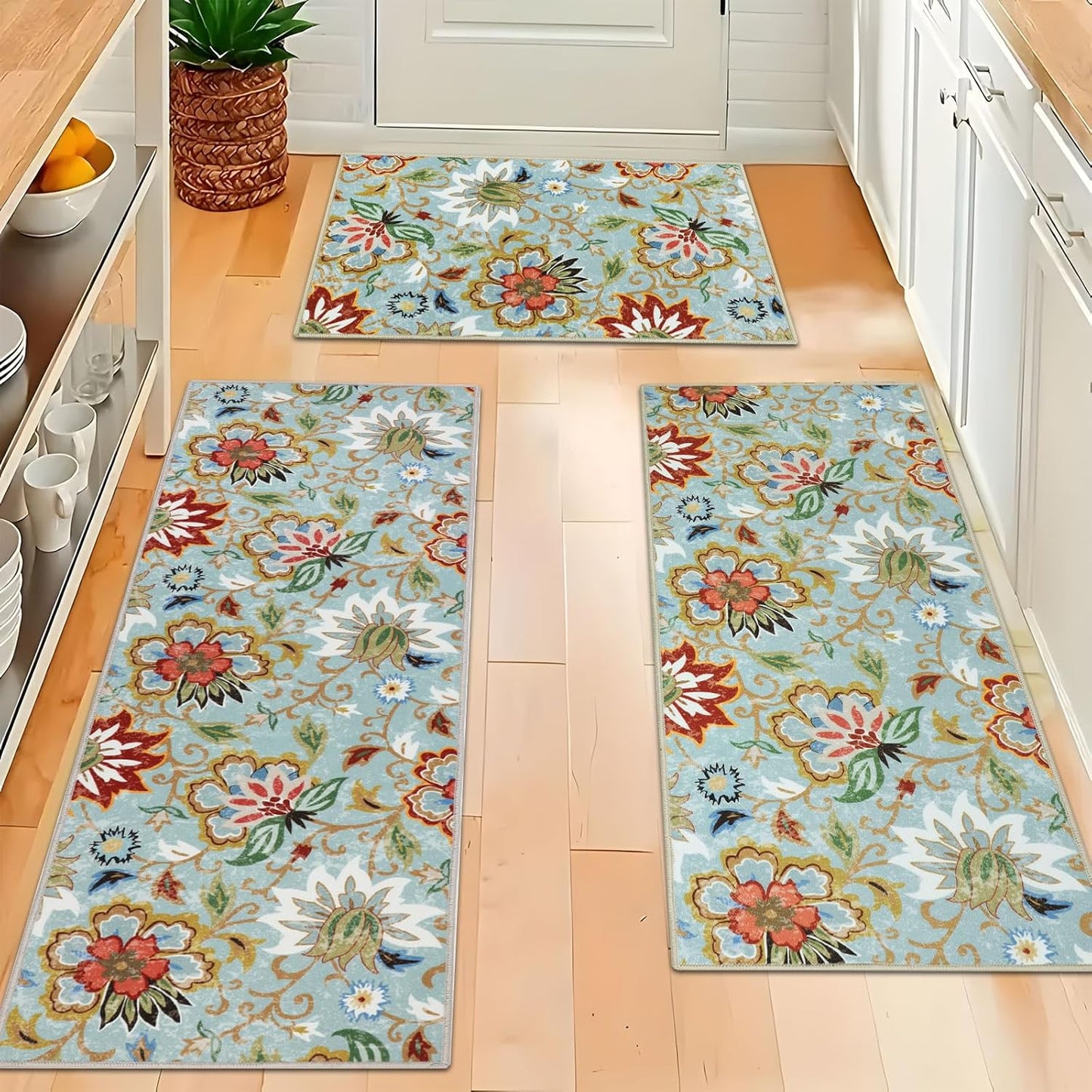 Homcomoda Boho 3 Piece Rug Set with Runner - Non Slip Floor Mats, Washable Kitchen Carpet Runner for Laundry, Hallway