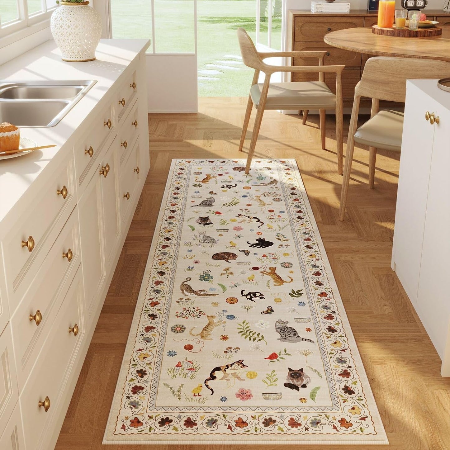 Rugcomf Living Room Rug 5x7 Rug Machine Washable Boho Area Rug Non Slip Floral Animal Cat Vintage Low Pile Large Rugs for Living Room Bedroom Farmhouse Dining Room Kids Playroom, Beige