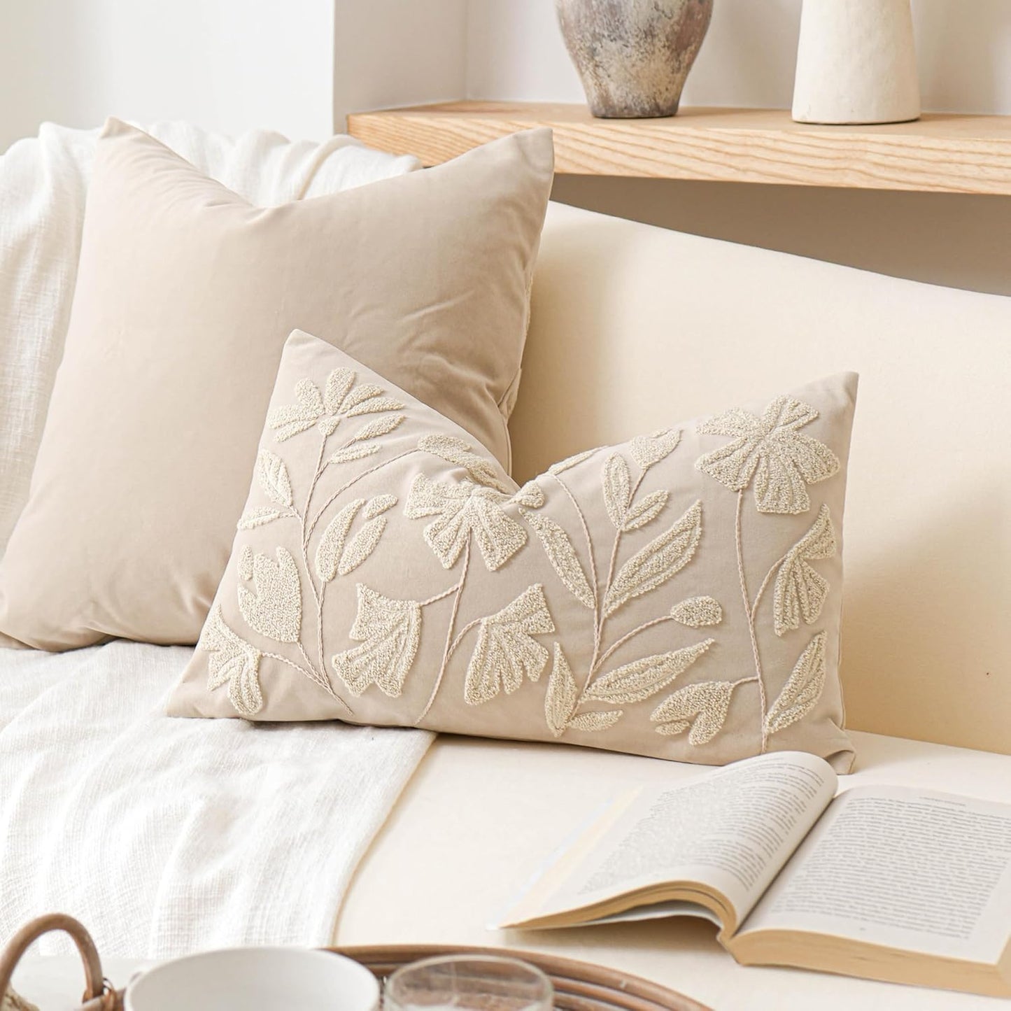 Cream Velvet Floral Decorative Lumbar Throw Pillow Cover 12X20, Flower Tufted Soft Farmhouse Textured Pillowcase, Accent Pillowcase for Couch Sofa Bed Living Room