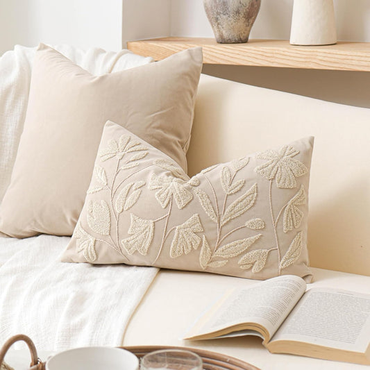 Cream Velvet Floral Decorative Lumbar Throw Pillow Cover 12X20, Flower Tufted Soft Farmhouse Textured Pillowcase, Accent Pillowcase for Couch Sofa Bed Living Room