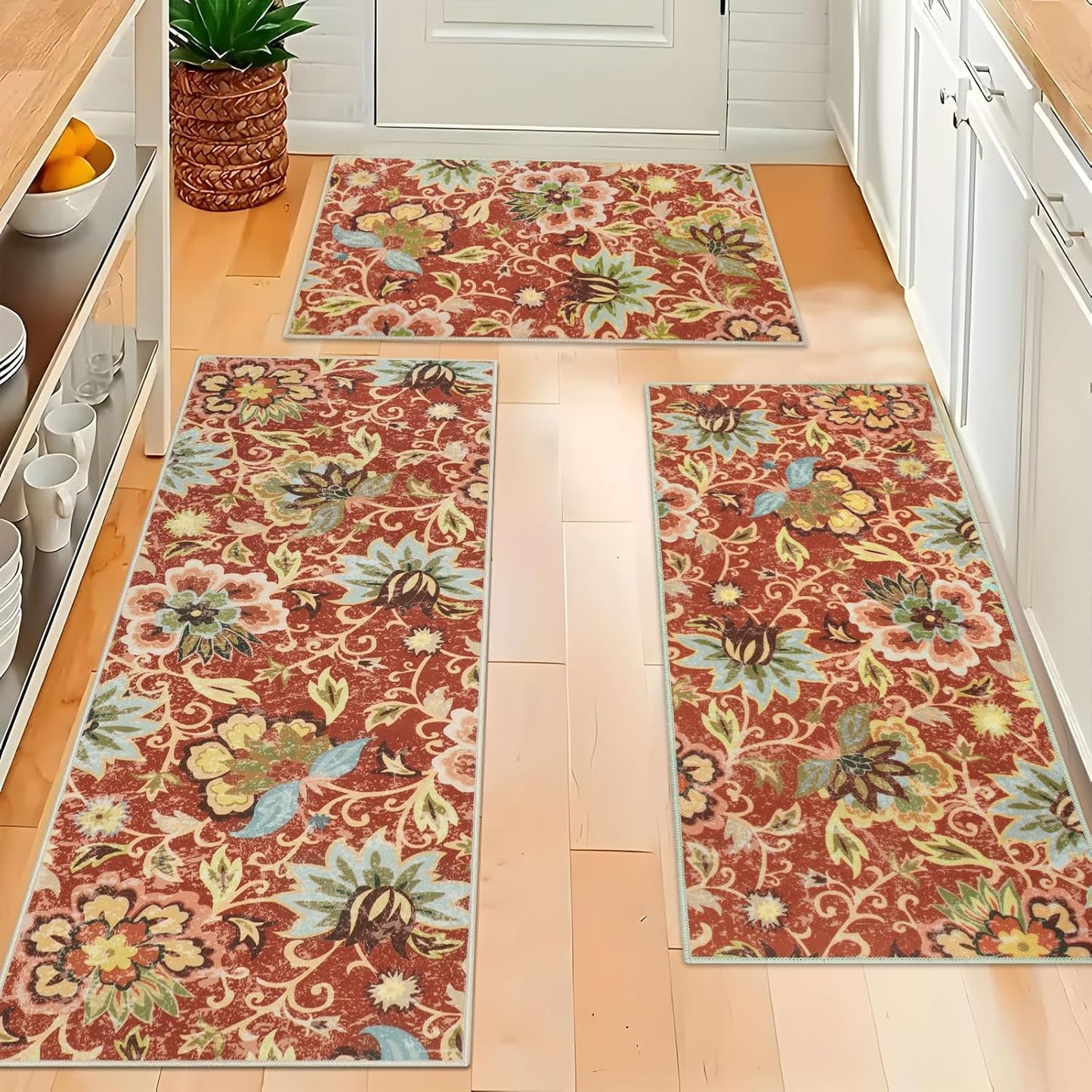 Homcomoda Boho 3 Piece Rug Set with Runner - Non Slip Floor Mats, Washable Kitchen Carpet Runner for Laundry, Hallway