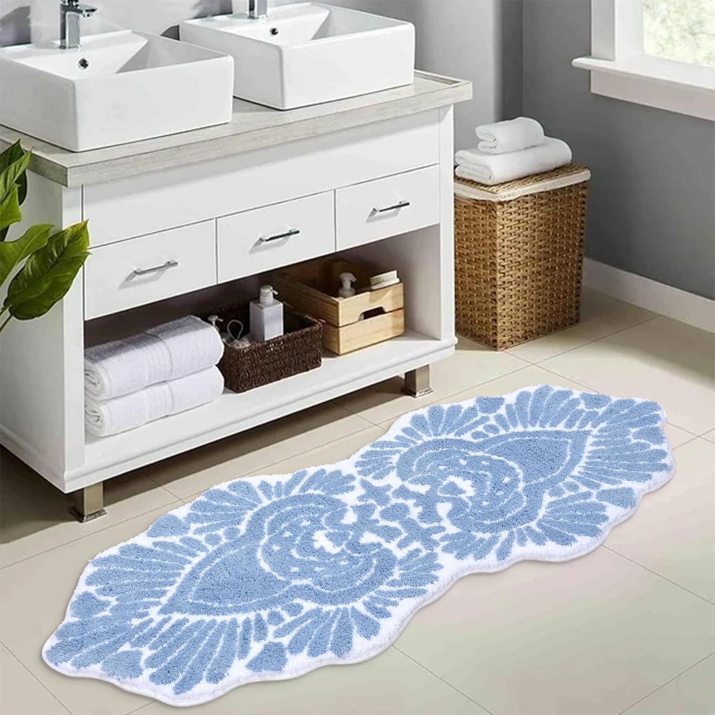 Bathroom Runner Rug 18x47 Non Slip Absorbent Bath Mats Long Bathroom Rugs Machine Washable Carpet Runner Rug Beige
