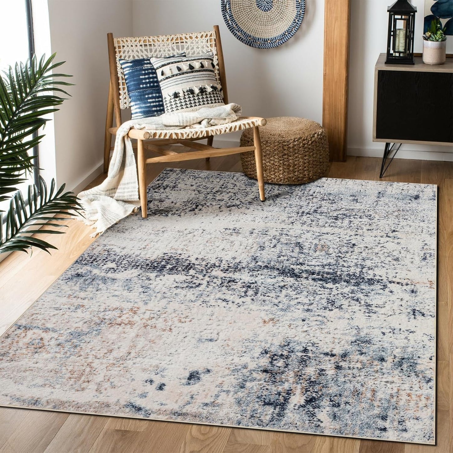 Area Rug 5×7, Vintage Boho Rug,Ultra-Soft Low Pile, Washable, Non Slip,Stain Resistant Printed Carpet for Living Room Bedrooms Playroom Office Kitchen, Light Blue