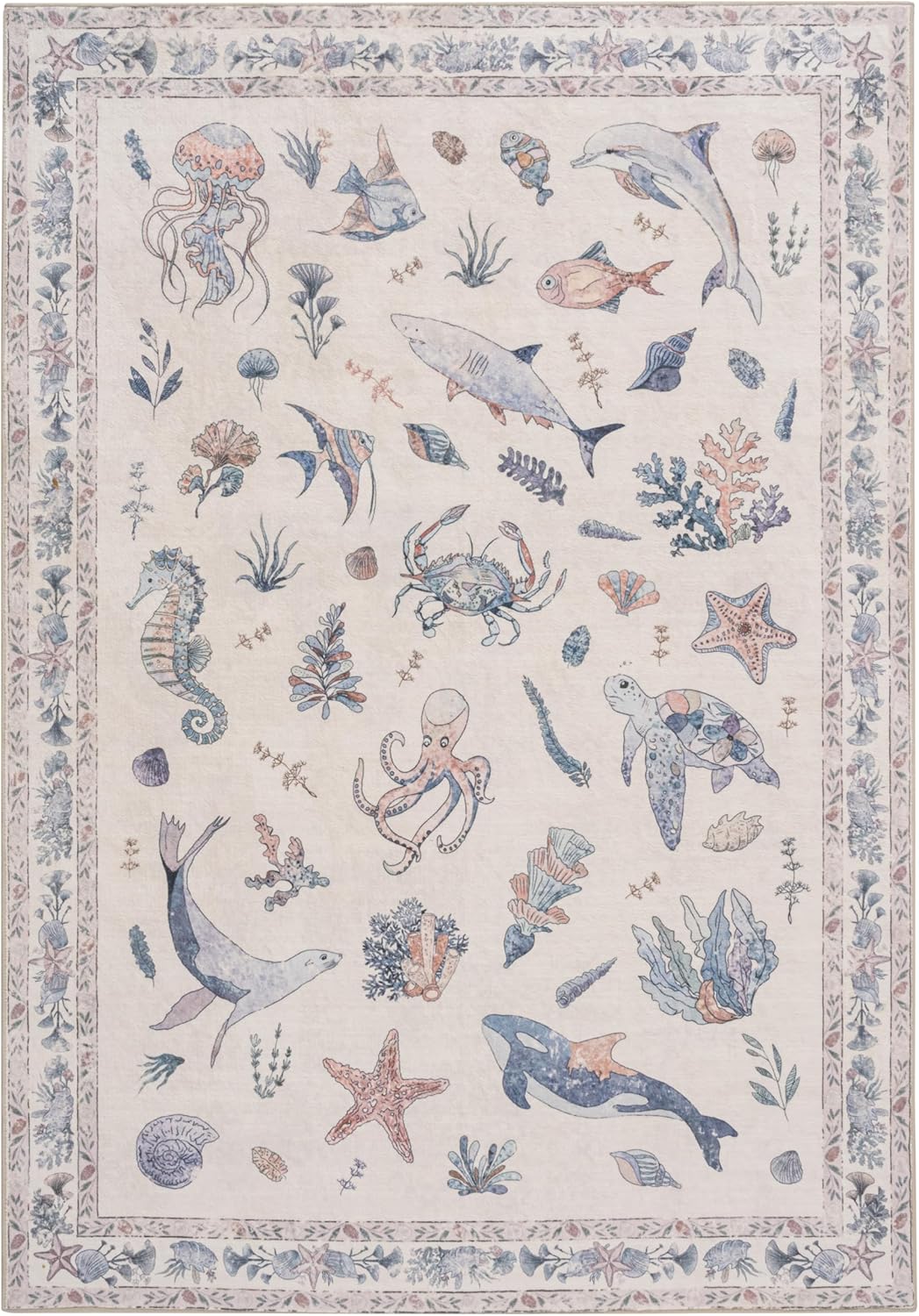 Soft Marine Animal Washable Faux Wool Stain Resistant Rug Rubber Non-Slip Backing for Playroom Bathroom Living Room Bedroom Bedside Beachy Cute Coastal Nautical Nursery Rug (Blue Multi, 5' x 7')