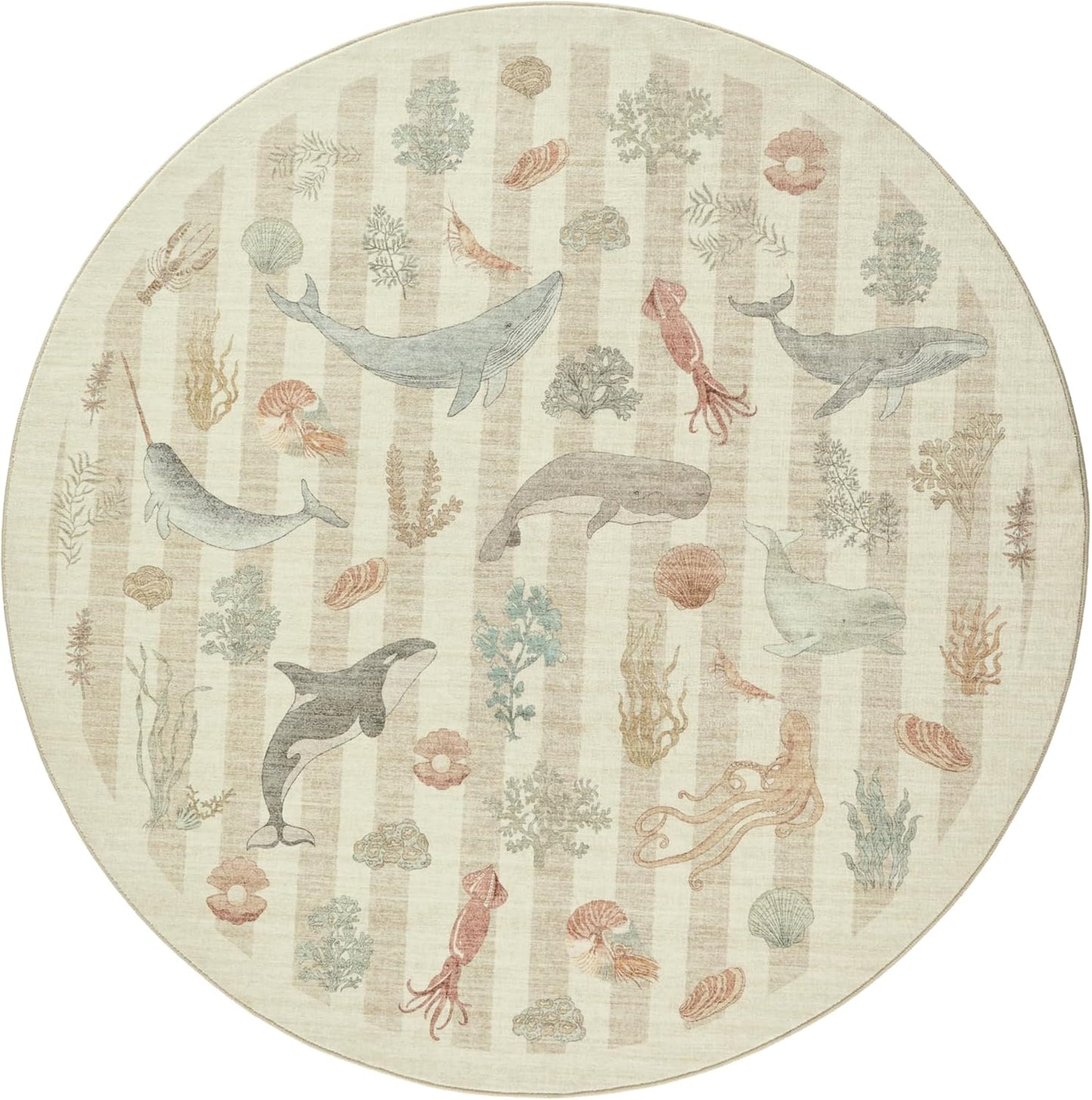 Soft Marine Animal Washable Faux Wool Stain Resistant Rug Rubber Non-Slip Backing for Playroom Bathroom Living Room Bedroom Bedside Beachy Cute Coastal Nautical Nursery Rug (Blue Multi, 5' x 7')