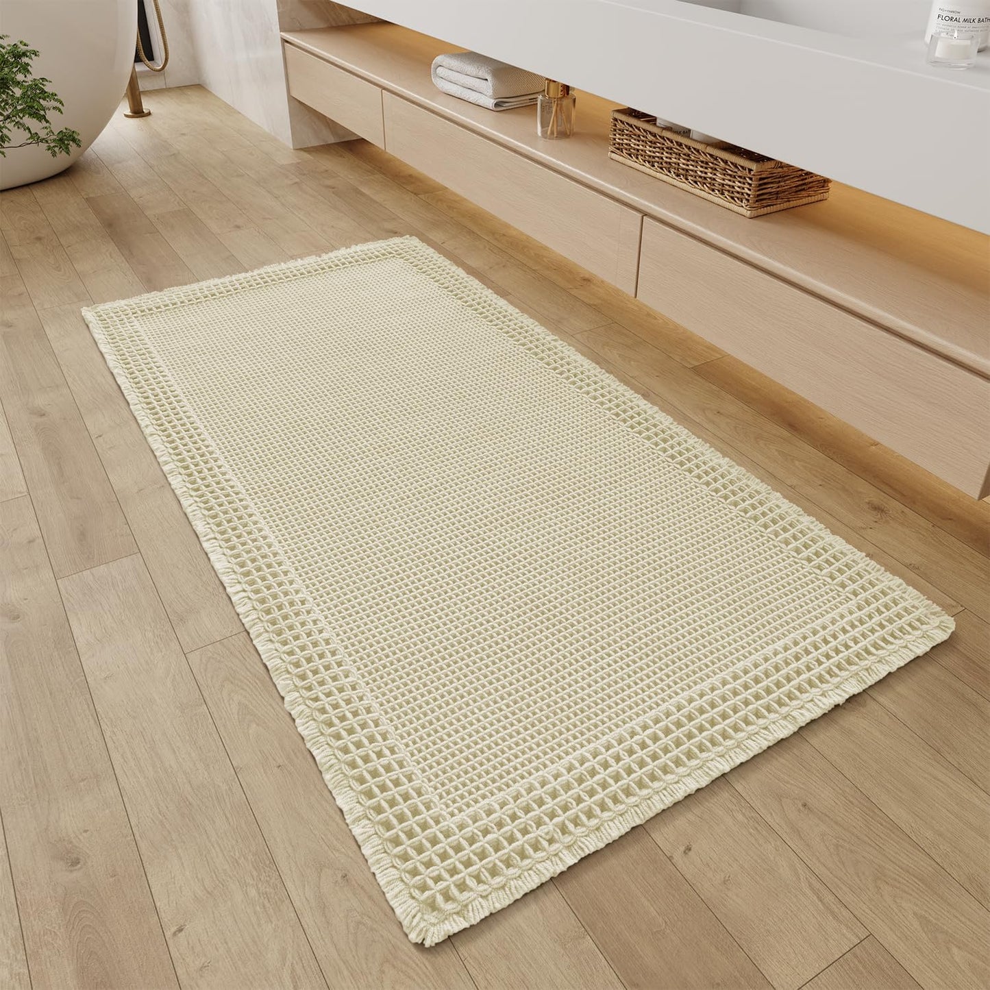 RESARE Waffle Bathroom Runner Rugs, Super Absorbent Bath Mat Non Slip Washable Quick Dry, Upgraded Ultra Soft Boho Bath Rugs with Tassels for Hallway Bedroom Laundry Room, 2'x6'(24"x72"), Brown