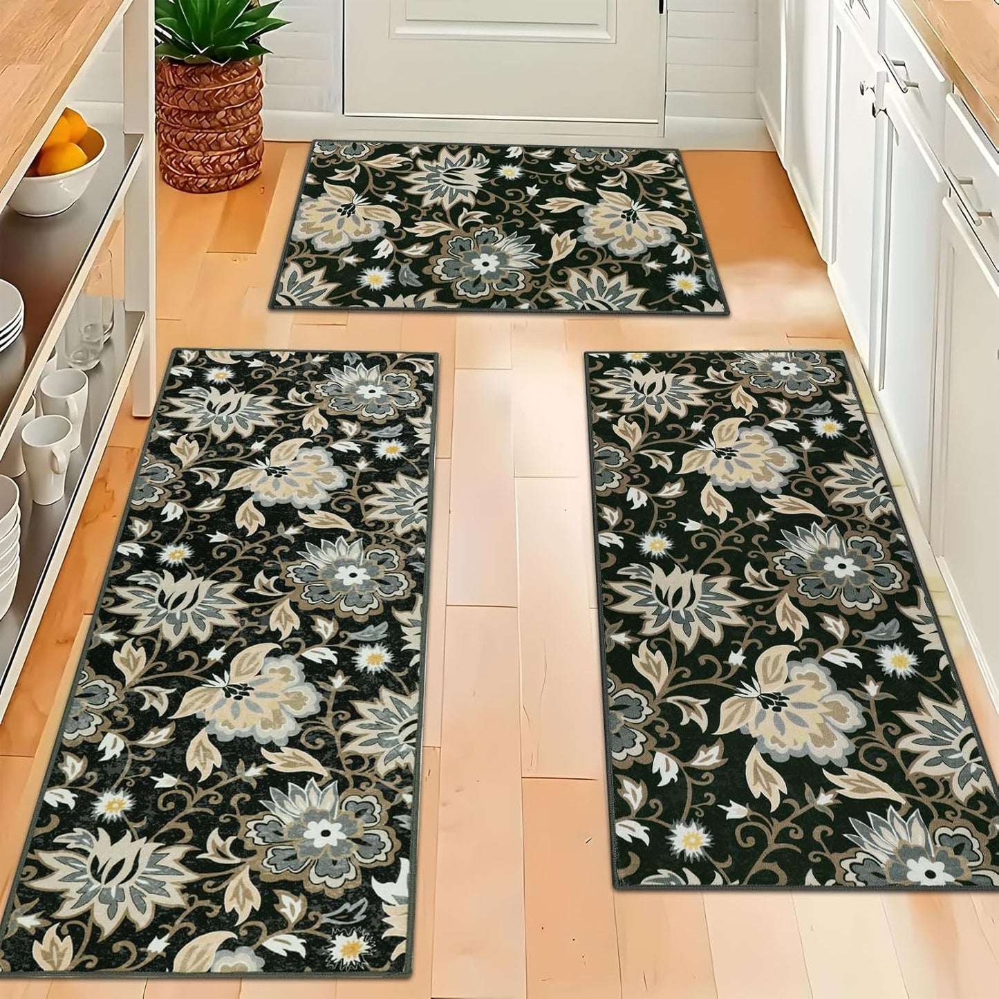 Homcomoda Boho 3 Piece Rug Set with Runner - Non Slip Floor Mats, Washable Kitchen Carpet Runner for Laundry, Hallway