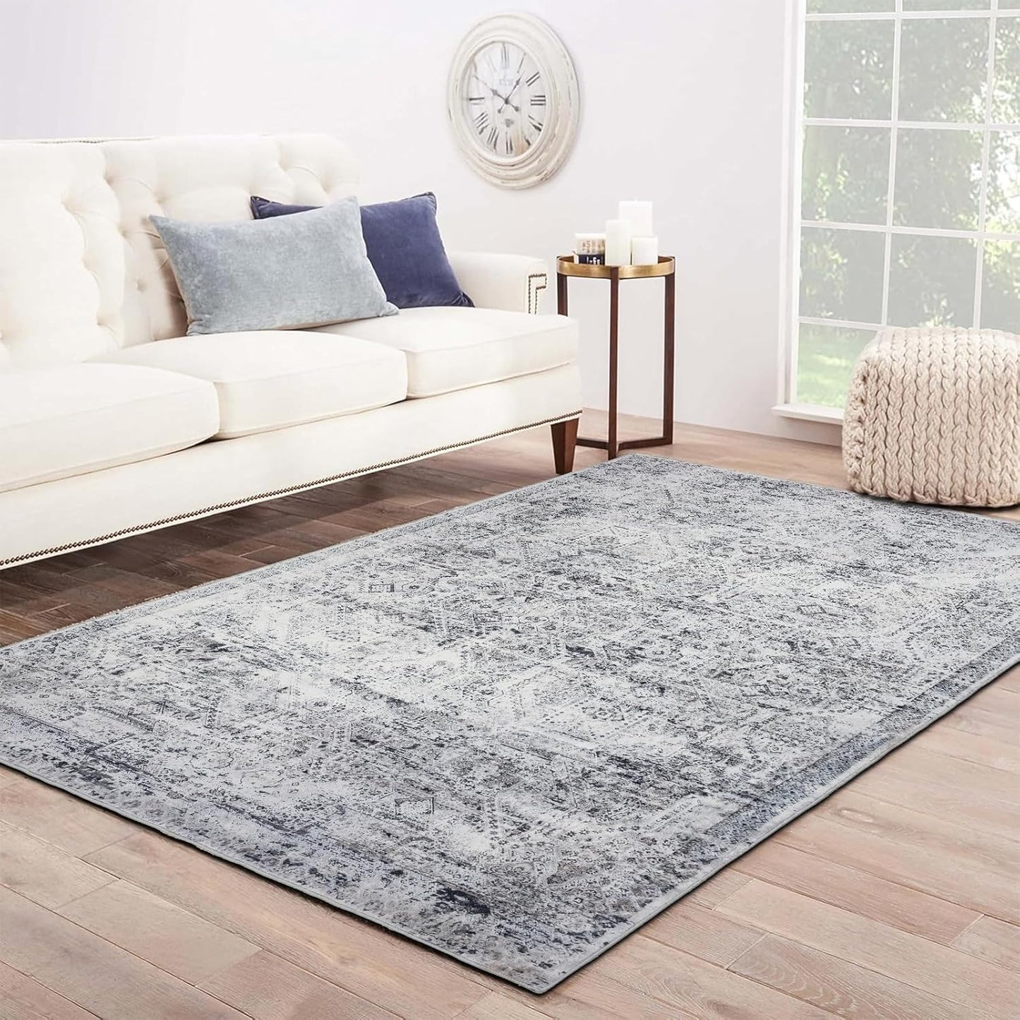 Area Rug 5×7, Vintage Boho Rug,Ultra-Soft Low Pile, Washable, Non Slip,Stain Resistant Printed Carpet for Living Room Bedrooms Playroom Office Kitchen, Light Blue