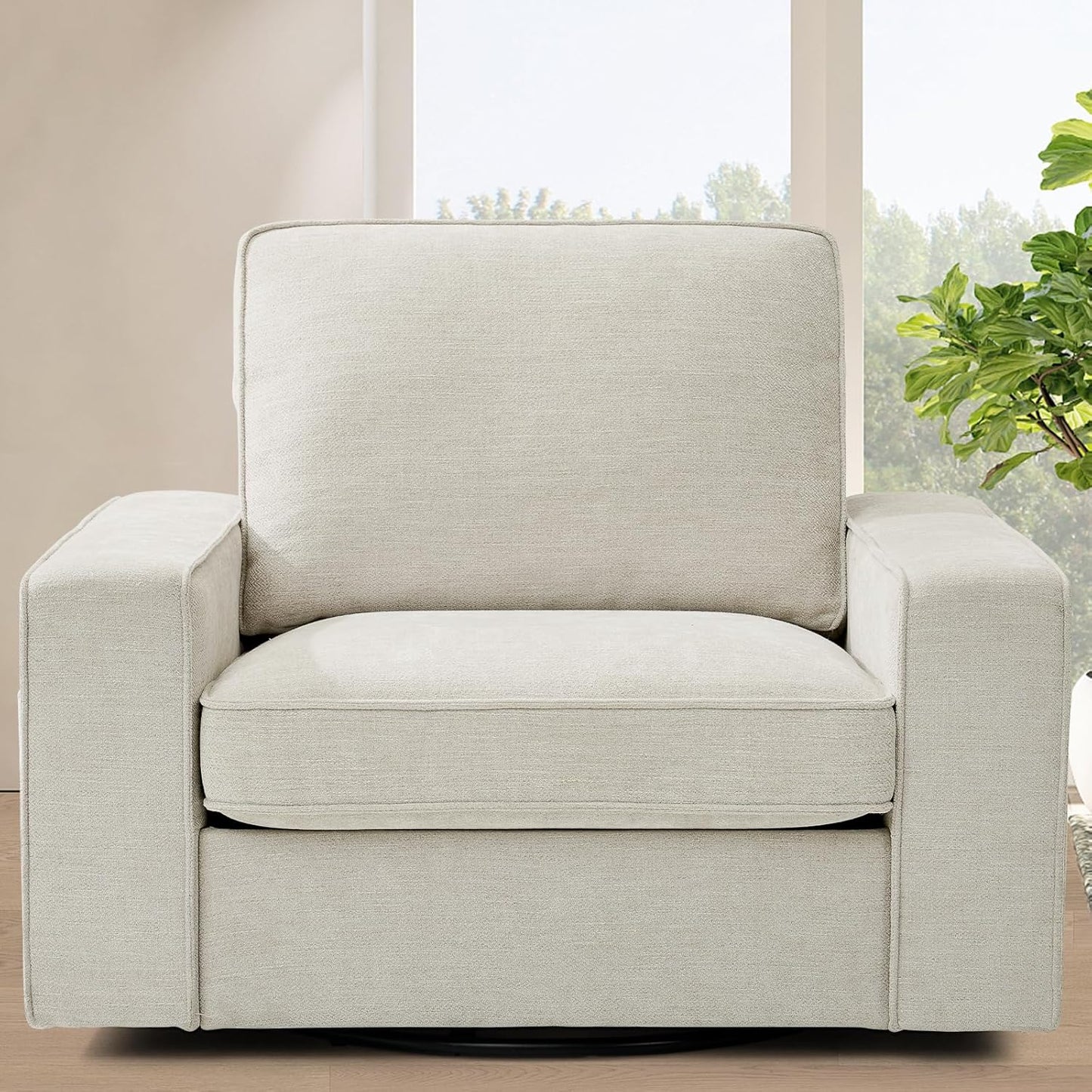 TEKAMON Swivel Accent Chair, Oversized Swivel Single Sofa Chair, Modern Chenille Fabric Barrel Armchair for Living Room/Office with Extra Wide Armrests, Washable Covers, 360° Rotation (Beige)