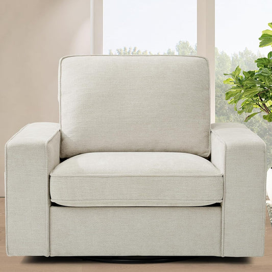 TEKAMON Swivel Accent Chair, Oversized Swivel Single Sofa Chair, Modern Chenille Fabric Barrel Armchair for Living Room/Office with Extra Wide Armrests, Washable Covers, 360° Rotation (Beige)