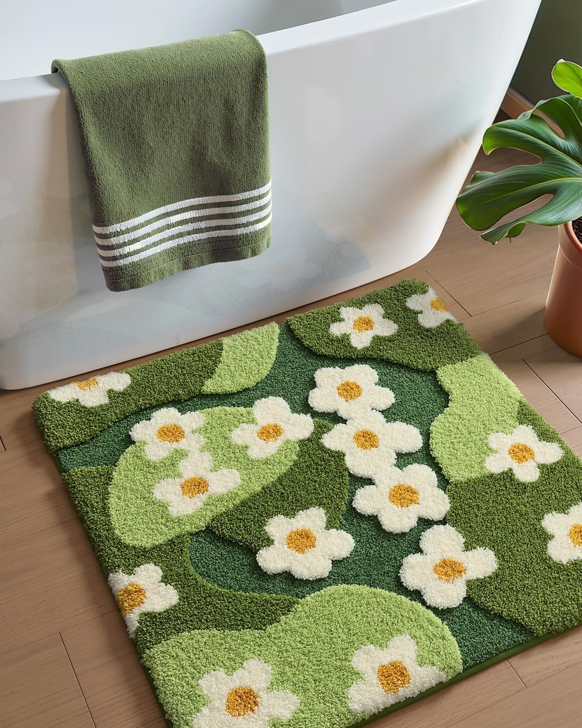 DEXI Bathroom Rug Non Slip, Washable Bath Mat Absorbent, Soft Microfiber Bathmat Monstera Deliciosa Embossed Leaf Carpet for Shower Floor, Square 31x31,Green