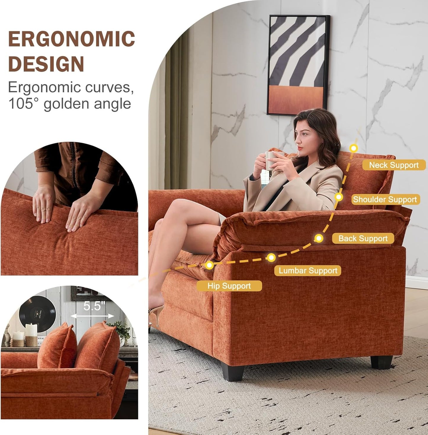 CDCASA Oversized Accent Chair, Chenille Comfy Cloud Sofa Chair with Large Seat and Upholstered Armrests, Modern Extra Wide Armchair Reading Chairs for Bedroom, Living Room,Set of 2,Terracotta Orange
