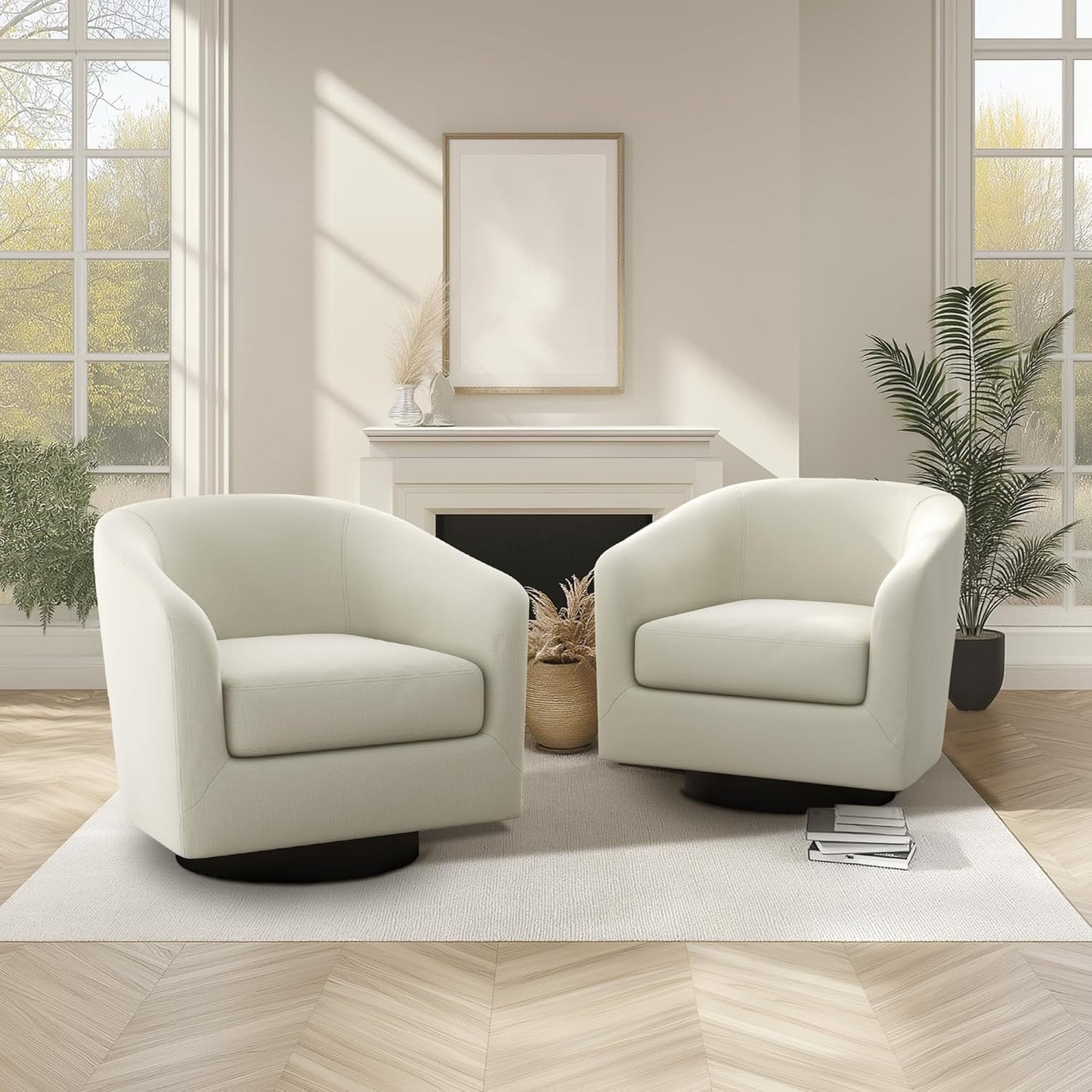 UIXE Swivel Barrel Accent Chairs Set of 2, Modern Round Club Arm Chair Upholstered Living Room Armchair, Single Sofa Seating Bedroom Side Reading Seat in Fabric for Home Office (Beige)