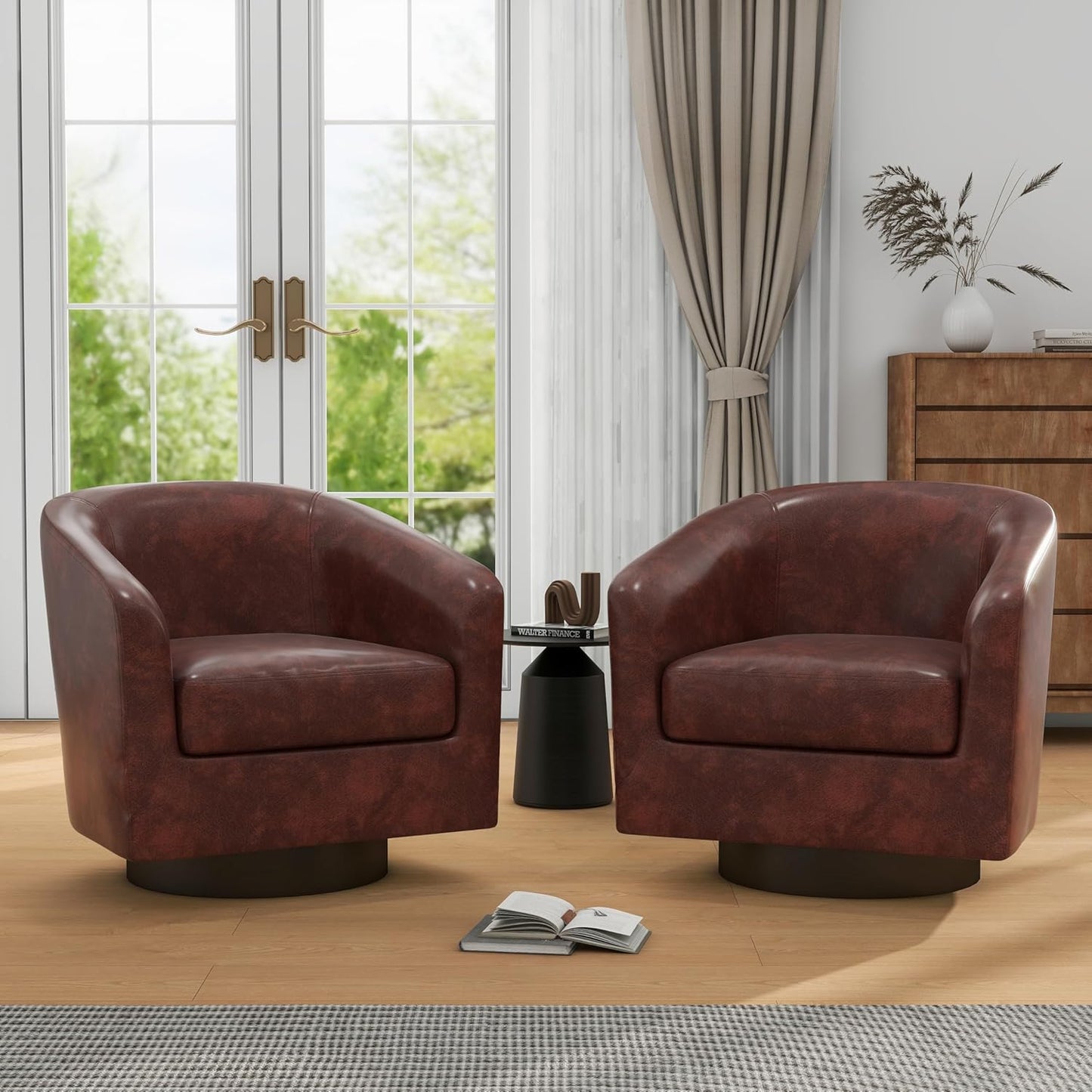 UIXE Swivel Accent Chairs Set of 2, Corduroy Barrel Club Chair Upholstered Armchair for Living Room, Round Arm Chair Bedroom Single Sofa Reading Seat - Camel