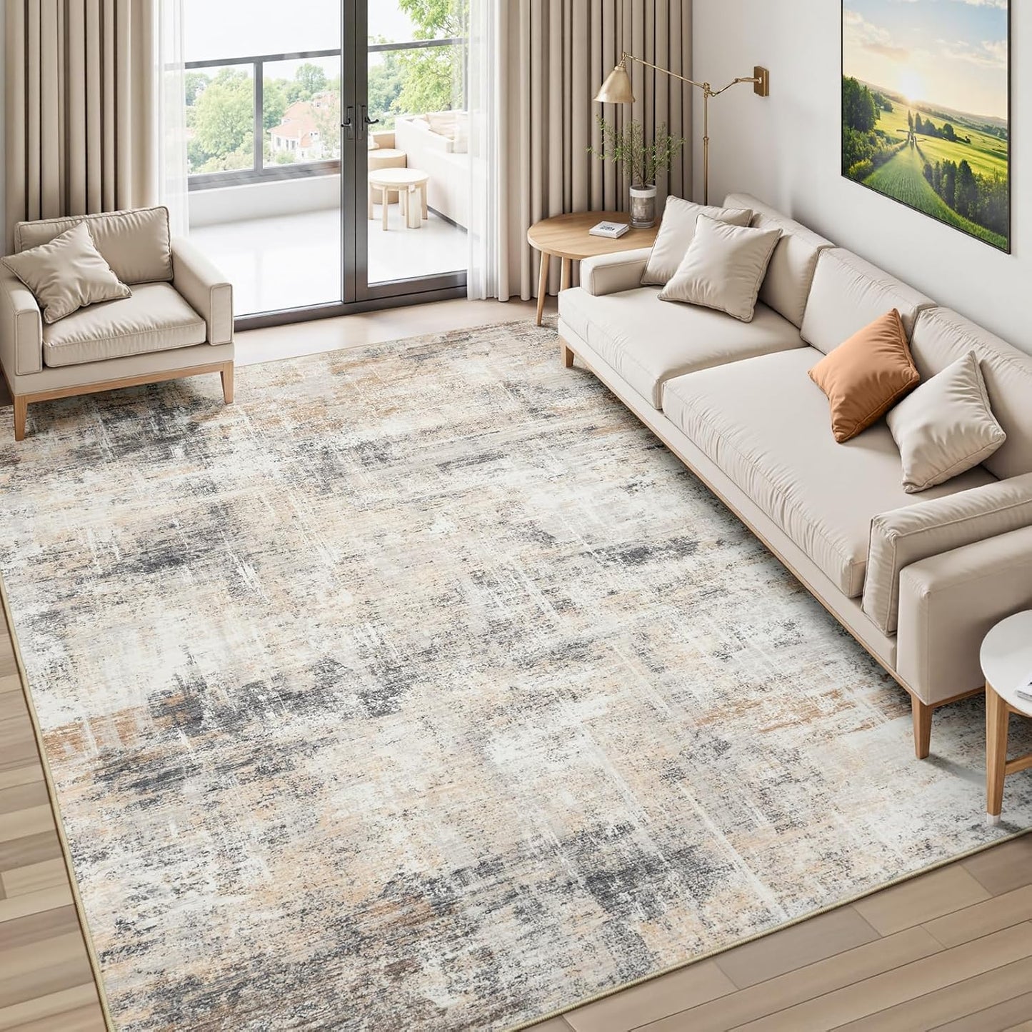 Lofus 8x10 Area Rug for Living Room, Gold Abstract Large Rugs with Non-Slip Backing, Neutral Modern Washable Carpet for Bedroom Dining Room Home Office Nursery Indoor