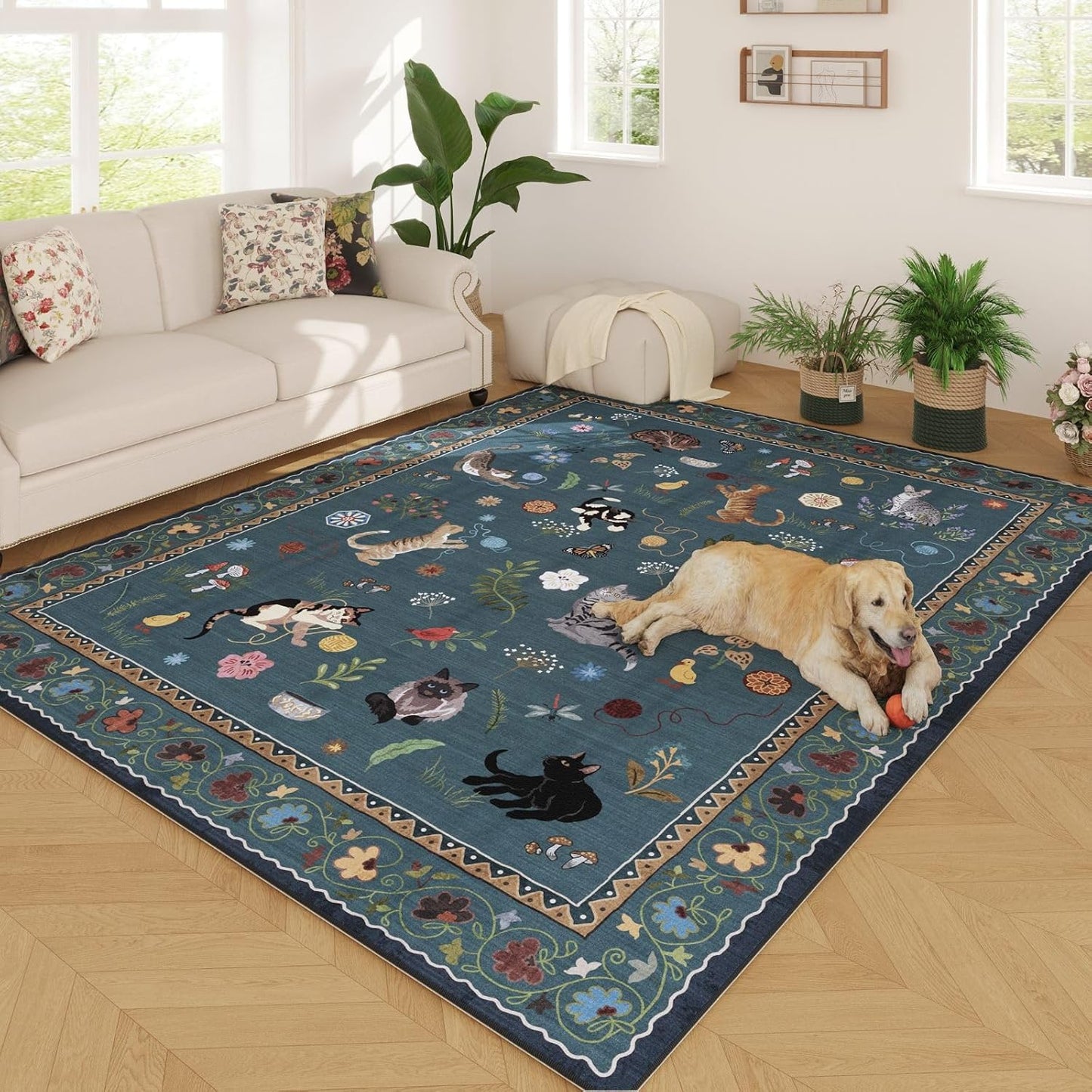 Rugcomf Living Room Rug 5x7 Rug Machine Washable Boho Area Rug Non Slip Floral Animal Cat Vintage Low Pile Large Rugs for Living Room Bedroom Farmhouse Dining Room Kids Playroom, Beige