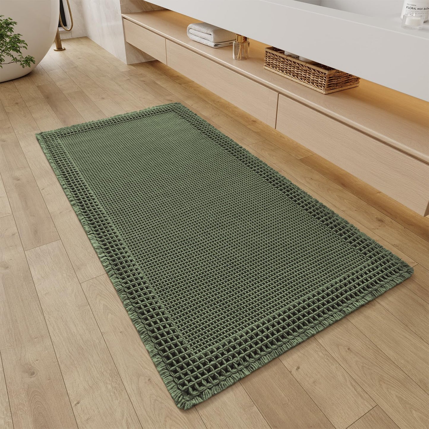 RESARE Waffle Bathroom Runner Rugs, Super Absorbent Bath Mat Non Slip Washable Quick Dry, Upgraded Ultra Soft Boho Bath Rugs with Tassels for Hallway Bedroom Laundry Room, 2'x6'(24"x72"), Brown