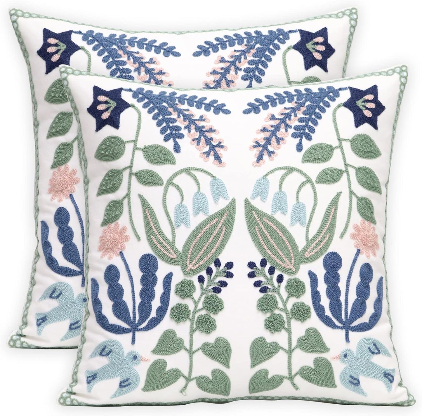 Pack of 2 Embroidered Decorative Throw Pillow Cover 18x18 Inch Farmhouse Floral Pillowcase for Living Room Sofa Bed (Bird Flower-Waist)