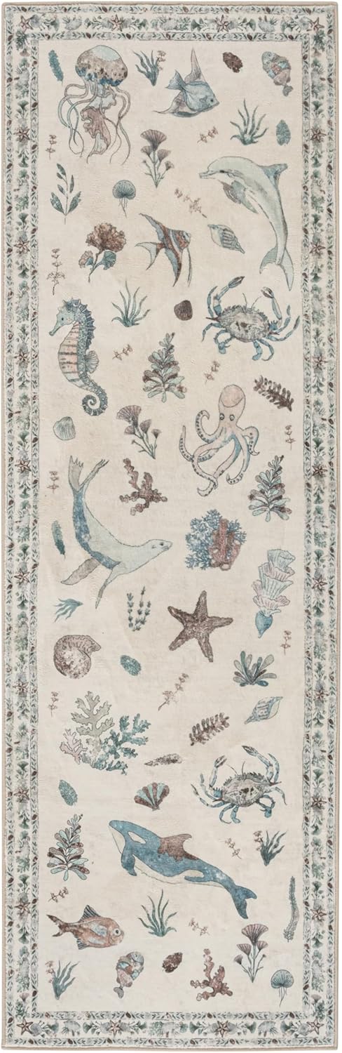 Soft Marine Animal Washable Faux Wool Stain Resistant Rug Rubber Non-Slip Backing for Playroom Bathroom Living Room Bedroom Bedside Beachy Cute Coastal Nautical Nursery Rug (Blue Multi, 5' x 7')