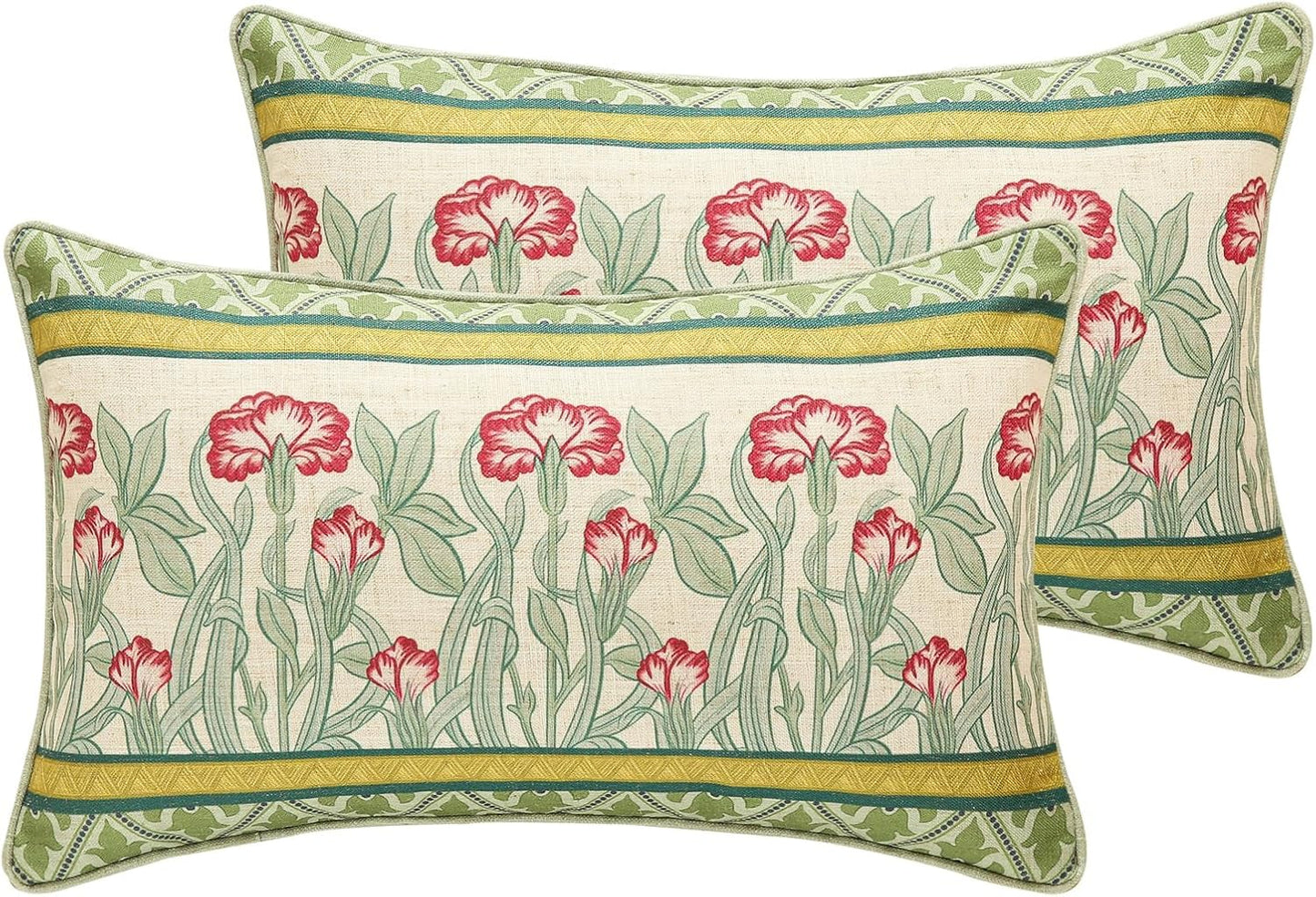 patdrea Designer Pack of 2 Square Throw Pillow Covers,Farmhouse Pink and Yellow Linen with Floral Pattern Pillows Cover,Decorative Pillowcases Cushion for Bed Living Room Outdoor Car,18"x18"