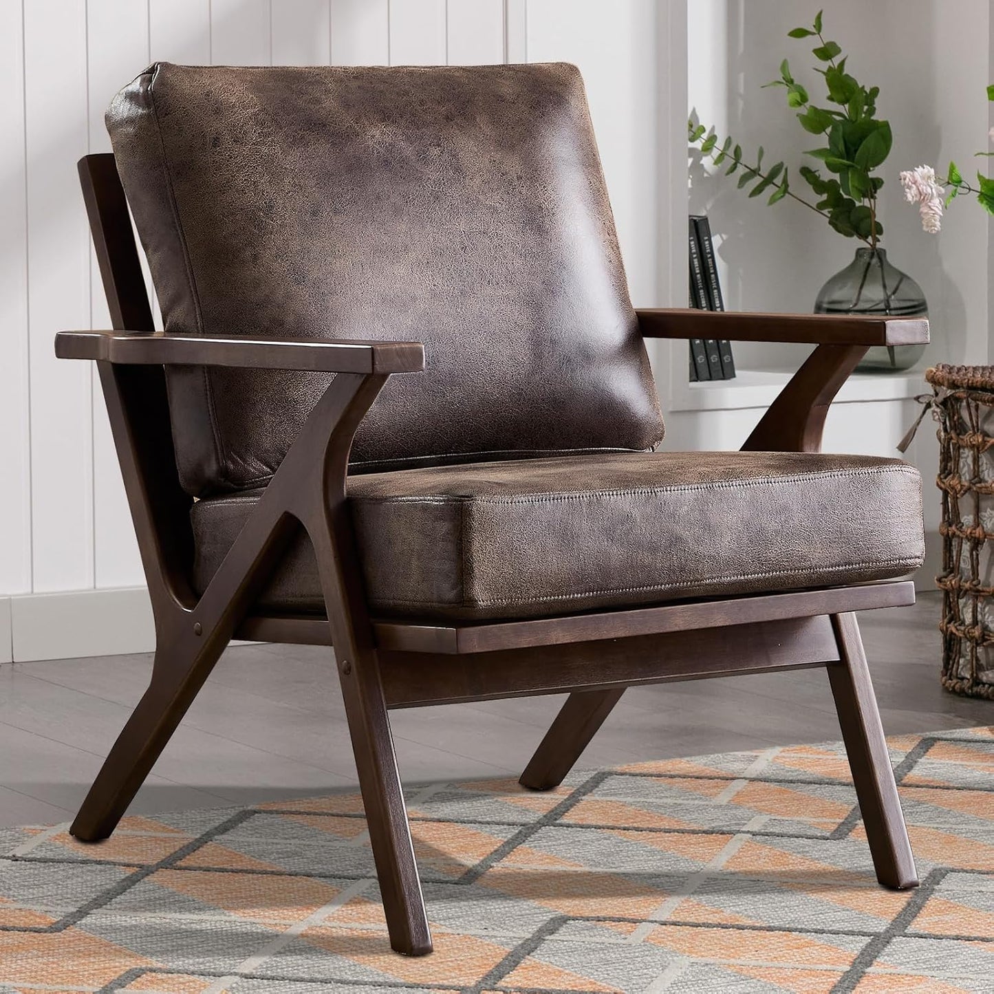 INZOY Mid-Century Modern Accent Chair with Wood Frame, PU Leather Living Room Chair and Soft Thick Padded Armchair for Living Room Bedroom Reception with Removable Upholstered Cushions, Brown