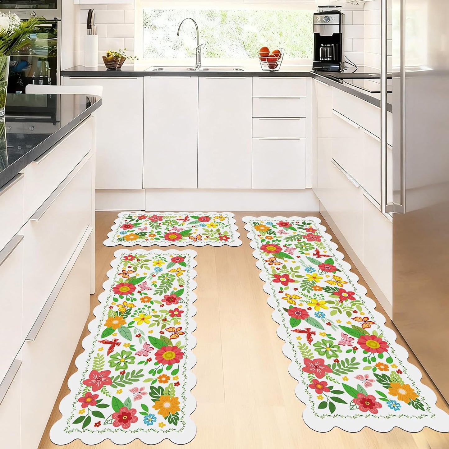 Kitchen Rugs Sets 3 Piece, Non Slip Cushioned Kitchen Mats for Floor Comfort Standing Runner Rugs, Chef Floor Carpet for Sink, Laundry Room, Hallway, Entryway, Bathroom, Brown Honeycomb Marble