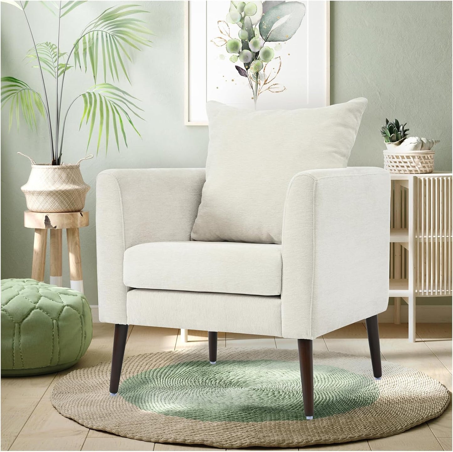 Accent Chairs Set of 2 for Living Room, Chenille Upholstered Mordern Armchair, Comfy Soft Padded Lounge Reading Arm Chair in Small Space, Bedroom, Pillow, Solid Wood Leg, Beige