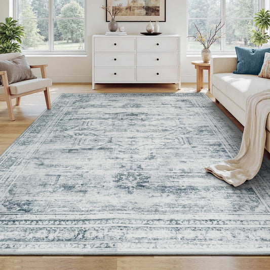 5x7 Washable Area Rugs for Living Room, Soft Faux Wool Carpets for Bedroom Dining Room, Neutral Vintage Distressed Non Slip Stain Resistant Grey Blue Rug for Home Office Decor