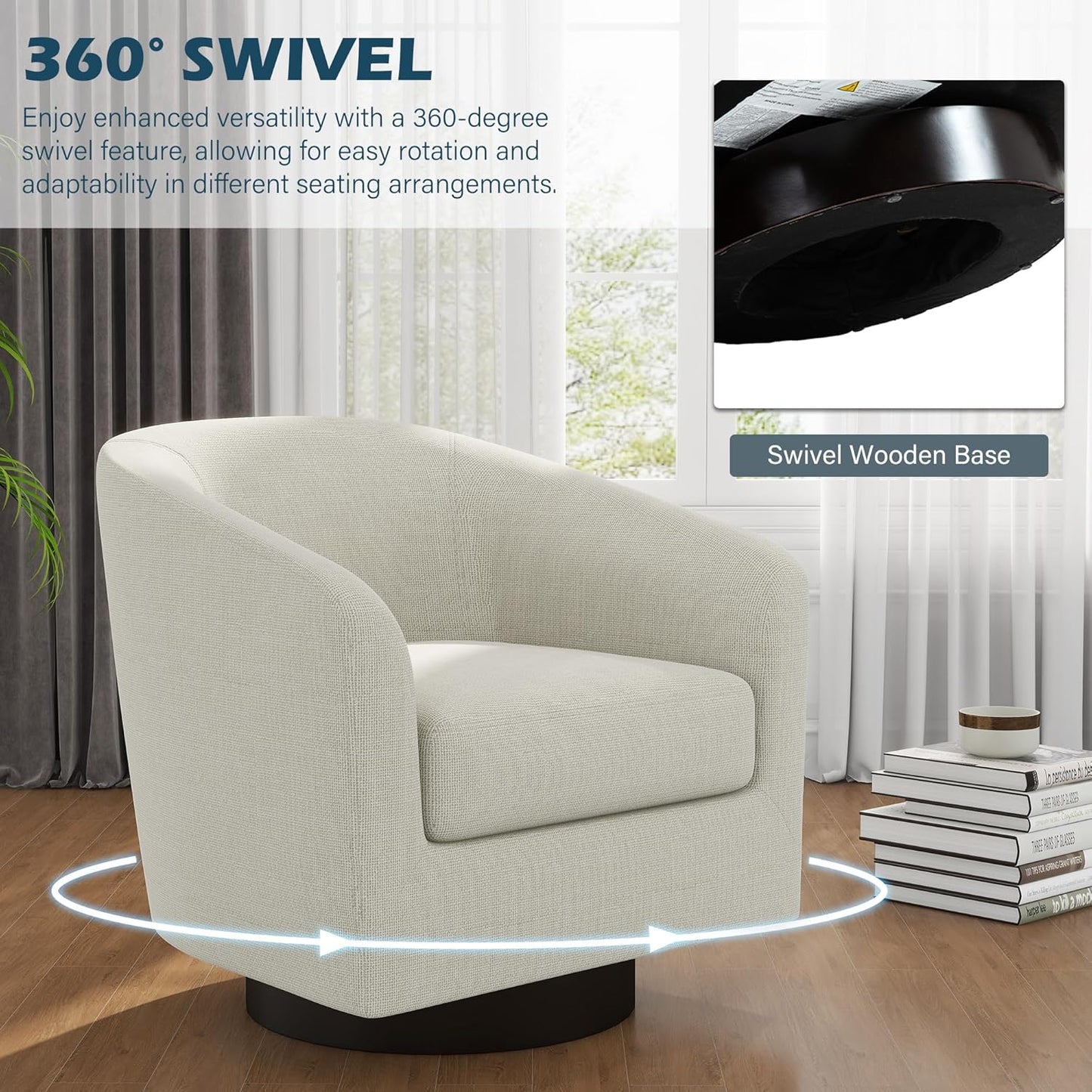 UIXE Swivel Barrel Accent Chairs Set of 2, Modern Round Club Arm Chair Upholstered Living Room Armchair, Single Sofa Seating Bedroom Side Reading Seat in Fabric for Home Office (Beige)