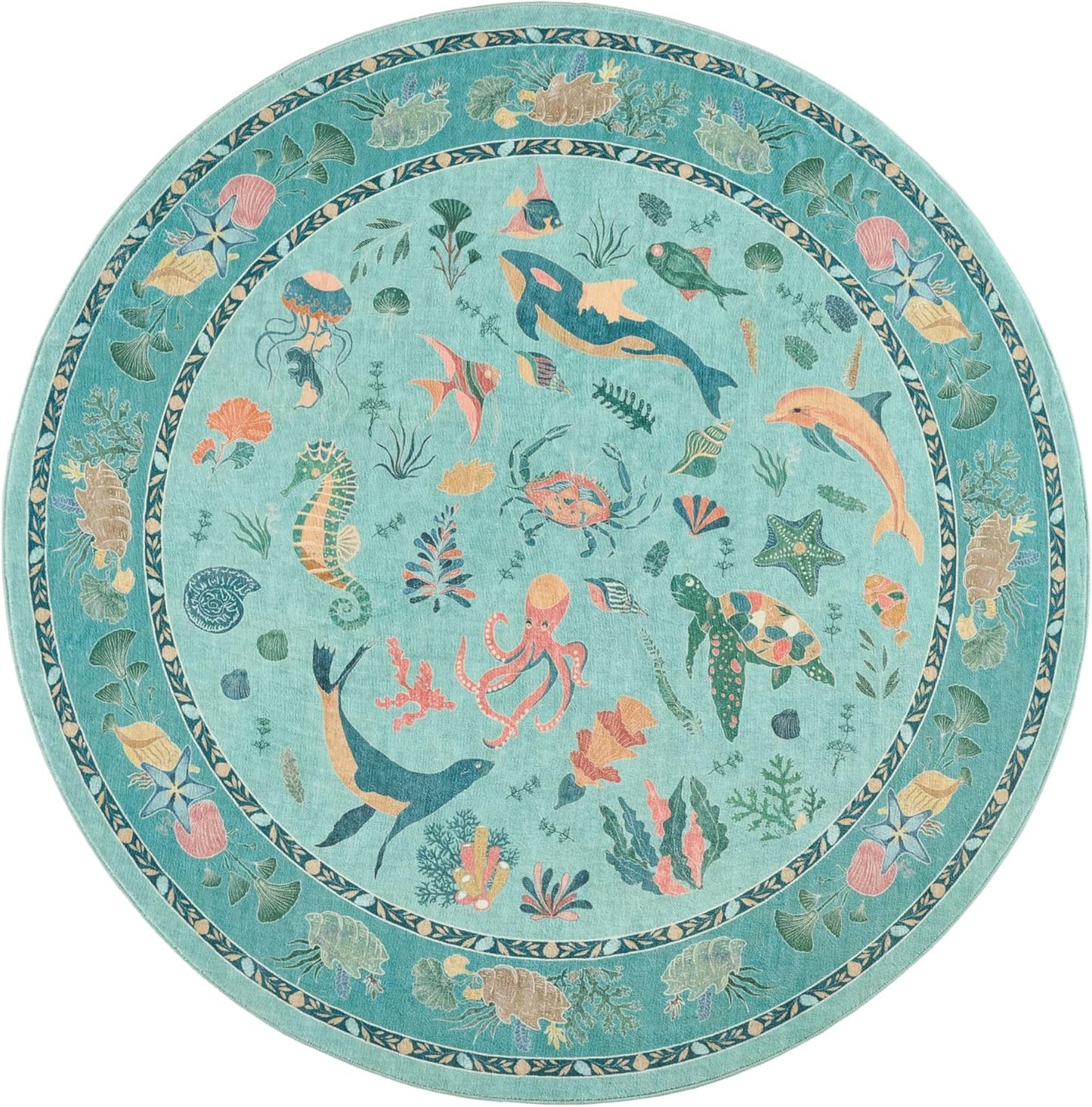 Soft Marine Animal Washable Faux Wool Stain Resistant Rug Rubber Non-Slip Backing for Playroom Bathroom Living Room Bedroom Bedside Beachy Cute Coastal Nautical Nursery Rug (Blue Multi, 5' x 7')