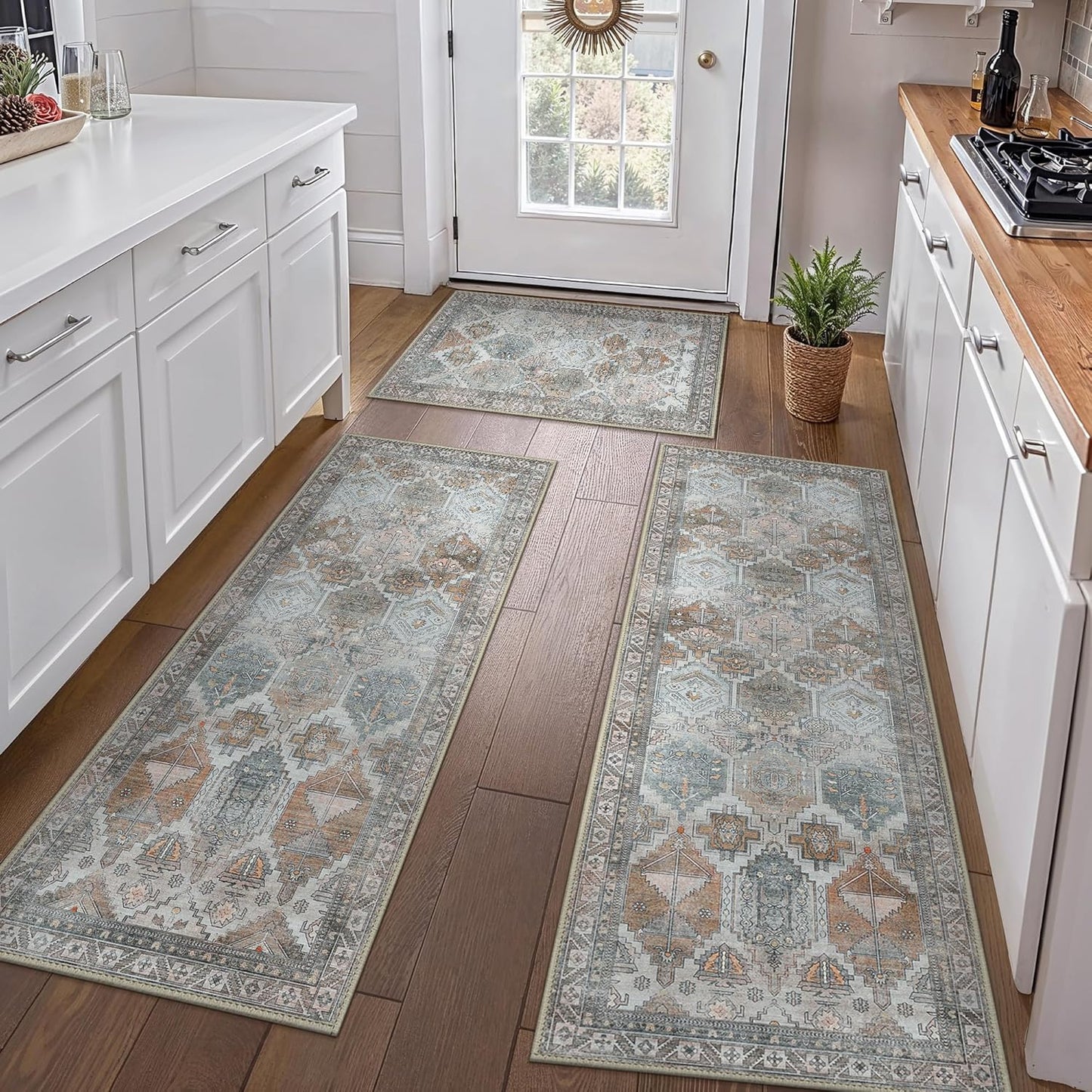 GENIMO Kitchen Mats for Floor Set of 3 Non-Slip Washable, Waterproof Lightweight Kitchen Rugs, Kitchen Floor Mat Runner Rug Carpet for Laundry, Sink, Hallway, Bathroom, Entryway, Brown Green