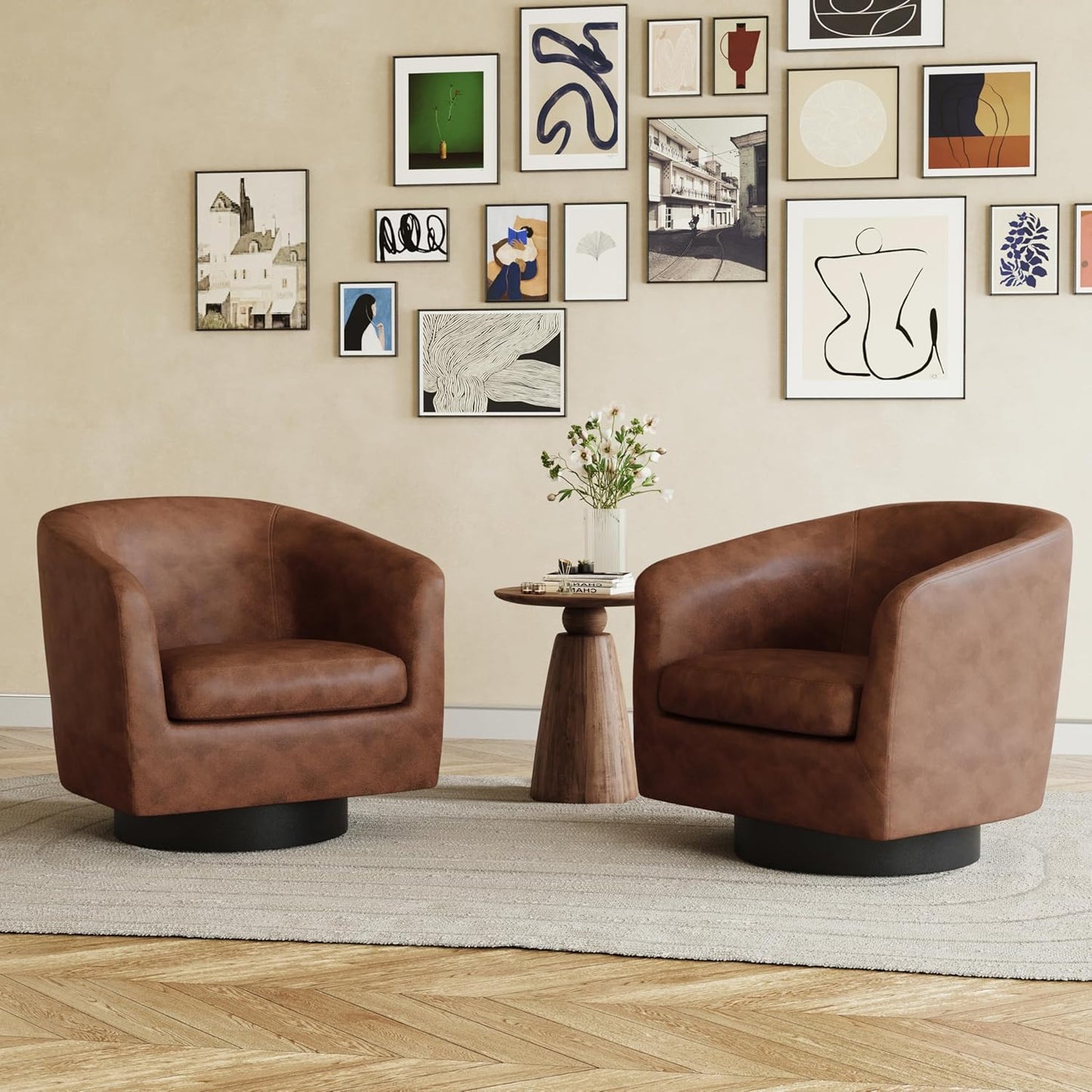 UIXE Swivel Accent Chairs Set of 2, Corduroy Barrel Club Chair Upholstered Armchair for Living Room, Round Arm Chair Bedroom Single Sofa Reading Seat - Camel
