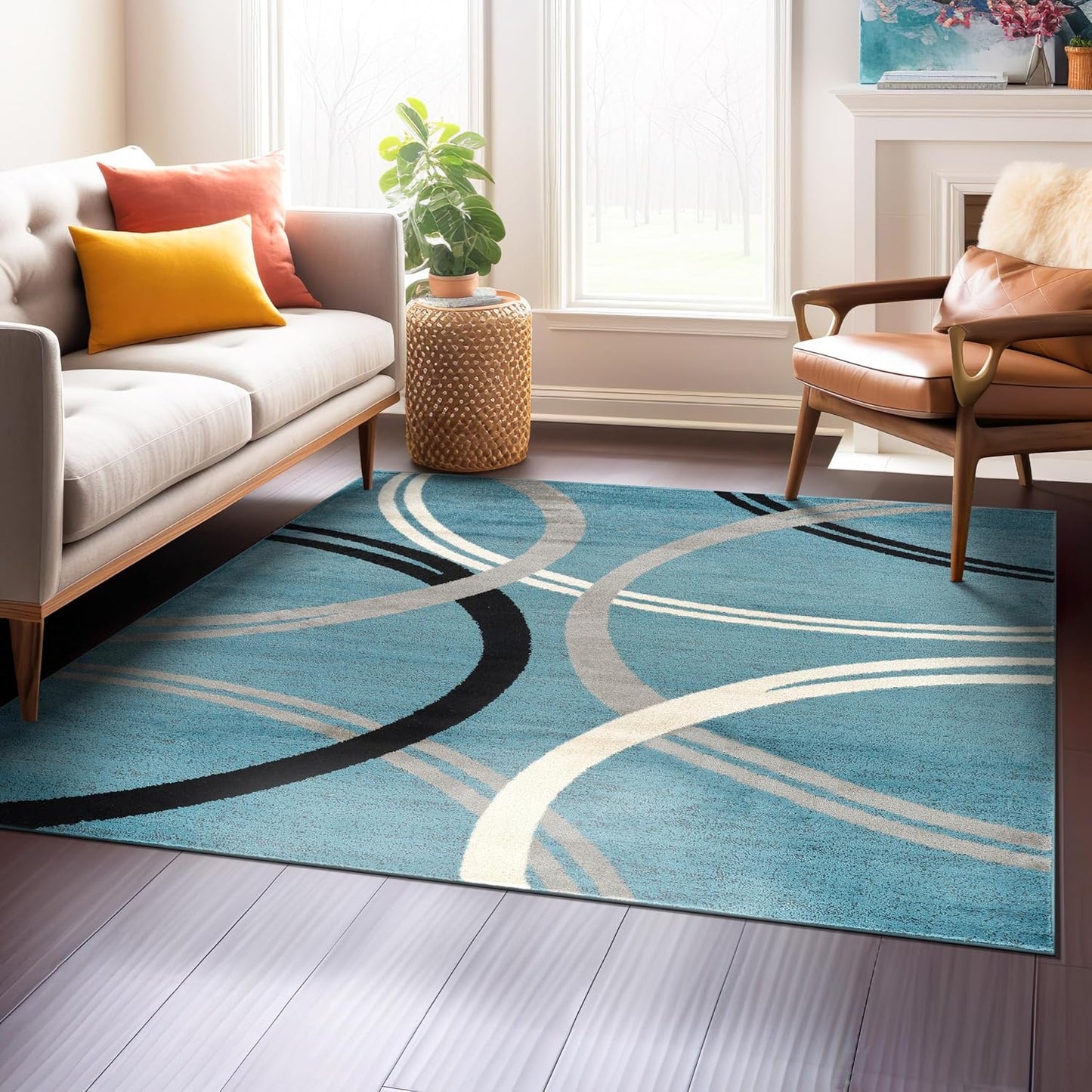 Rugshop Wavy Circles Design Area Rug, Fade-Resistant Carpet for Living Room, Dining Room, or Bedroom, Gray, 5'3" x 7'3"