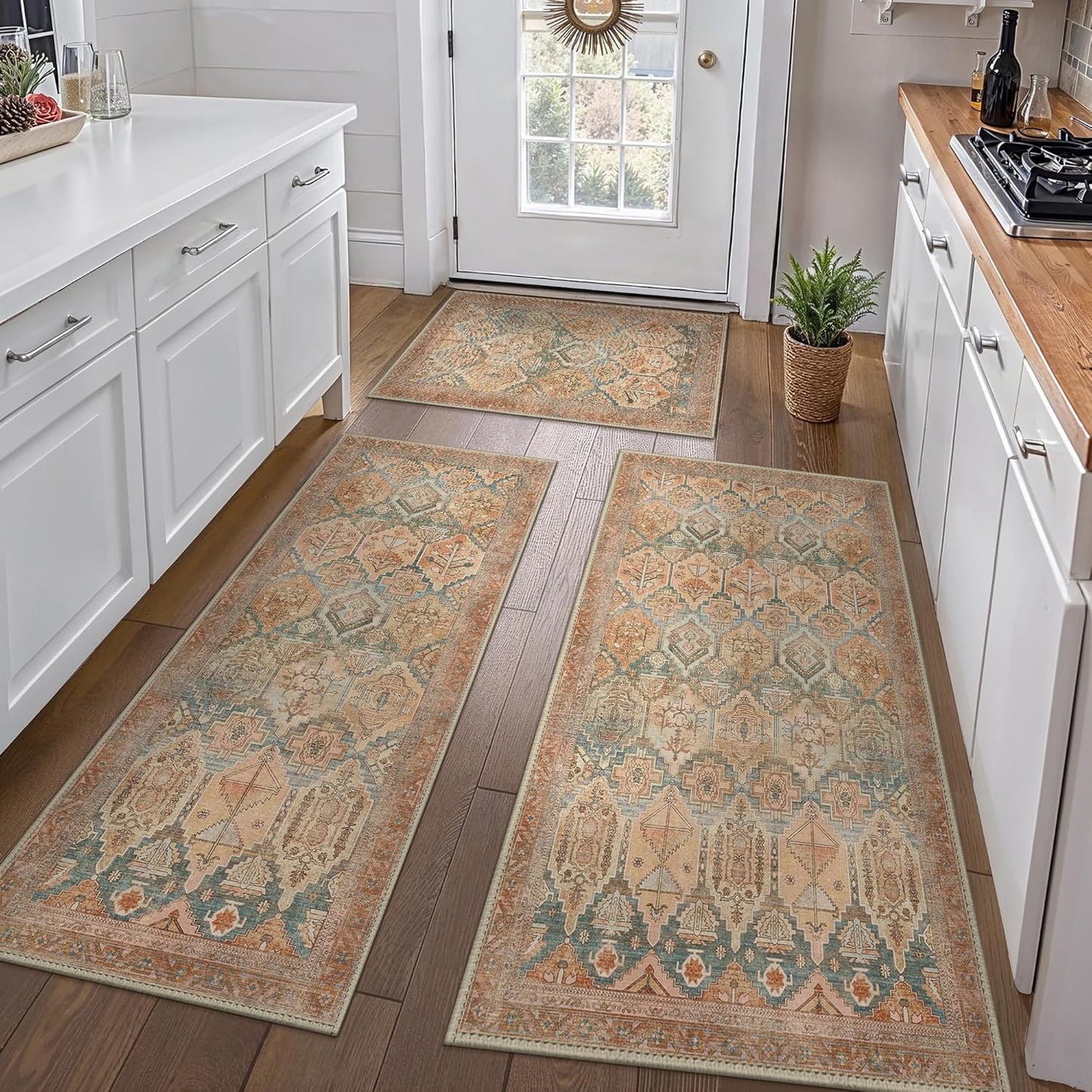 GENIMO Kitchen Mats for Floor Set of 3 Non-Slip Washable, Waterproof Lightweight Kitchen Rugs, Kitchen Floor Mat Runner Rug Carpet for Laundry, Sink, Hallway, Bathroom, Entryway, Brown Green