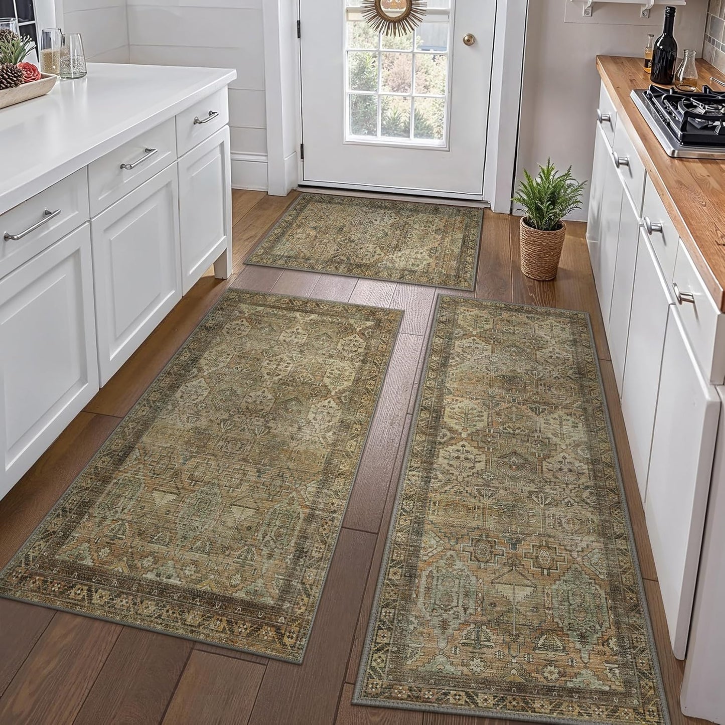 GENIMO Kitchen Mats for Floor Set of 3 Non-Slip Washable, Waterproof Lightweight Kitchen Rugs, Kitchen Floor Mat Runner Rug Carpet for Laundry, Sink, Hallway, Bathroom, Entryway, Brown Green