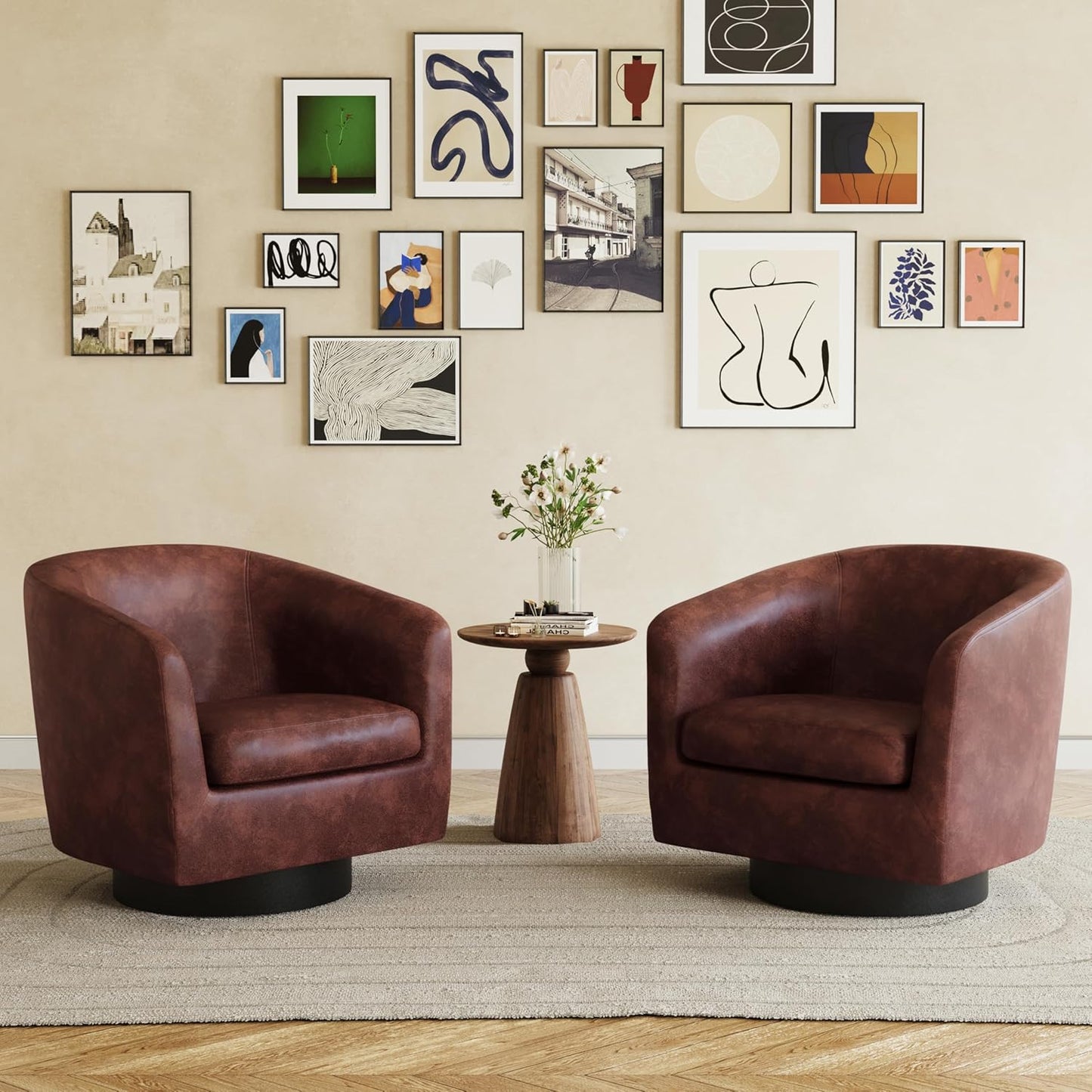 UIXE Swivel Accent Chairs Set of 2, Corduroy Barrel Club Chair Upholstered Armchair for Living Room, Round Arm Chair Bedroom Single Sofa Reading Seat - Camel