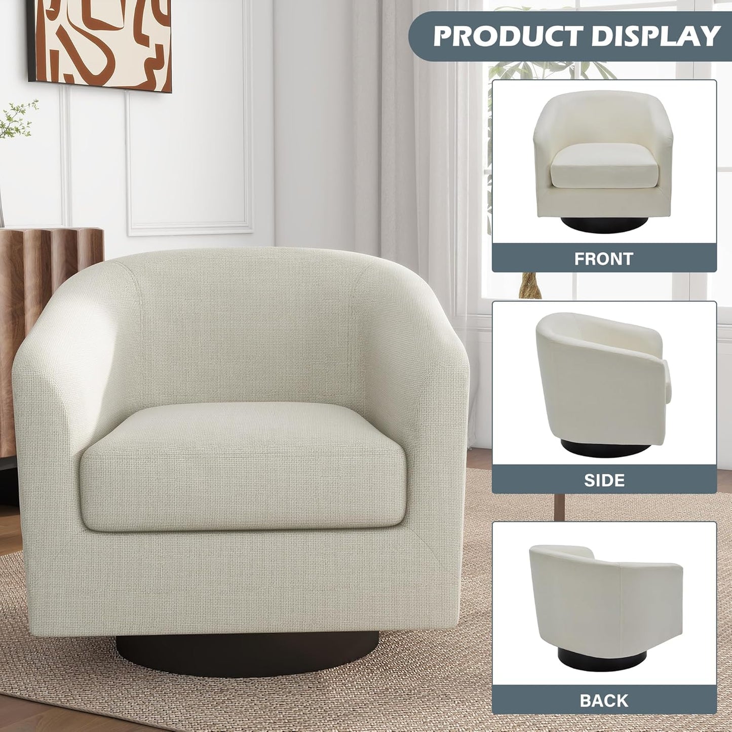 UIXE Swivel Barrel Accent Chairs Set of 2, Modern Round Club Arm Chair Upholstered Living Room Armchair, Single Sofa Seating Bedroom Side Reading Seat in Fabric for Home Office (Beige)