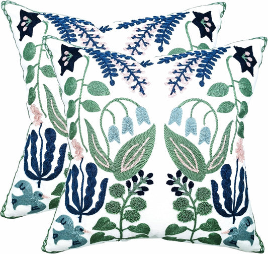 Embroidered Throw Pillow Covers, Pack of 2 Spring Flowers and Swallows Patterned Pillowcases for Couch Sofa Bedroom, Decorative Pillow Covers 18x18 inch(Swallows)