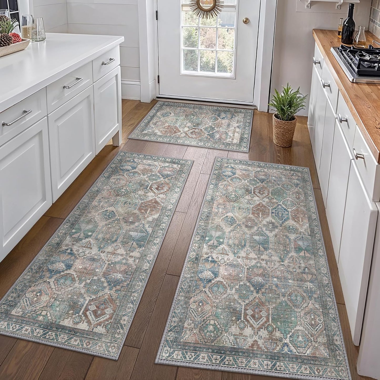 GENIMO Kitchen Mats for Floor Set of 3 Non-Slip Washable, Waterproof Lightweight Kitchen Rugs, Kitchen Floor Mat Runner Rug Carpet for Laundry, Sink, Hallway, Bathroom, Entryway, Brown Green