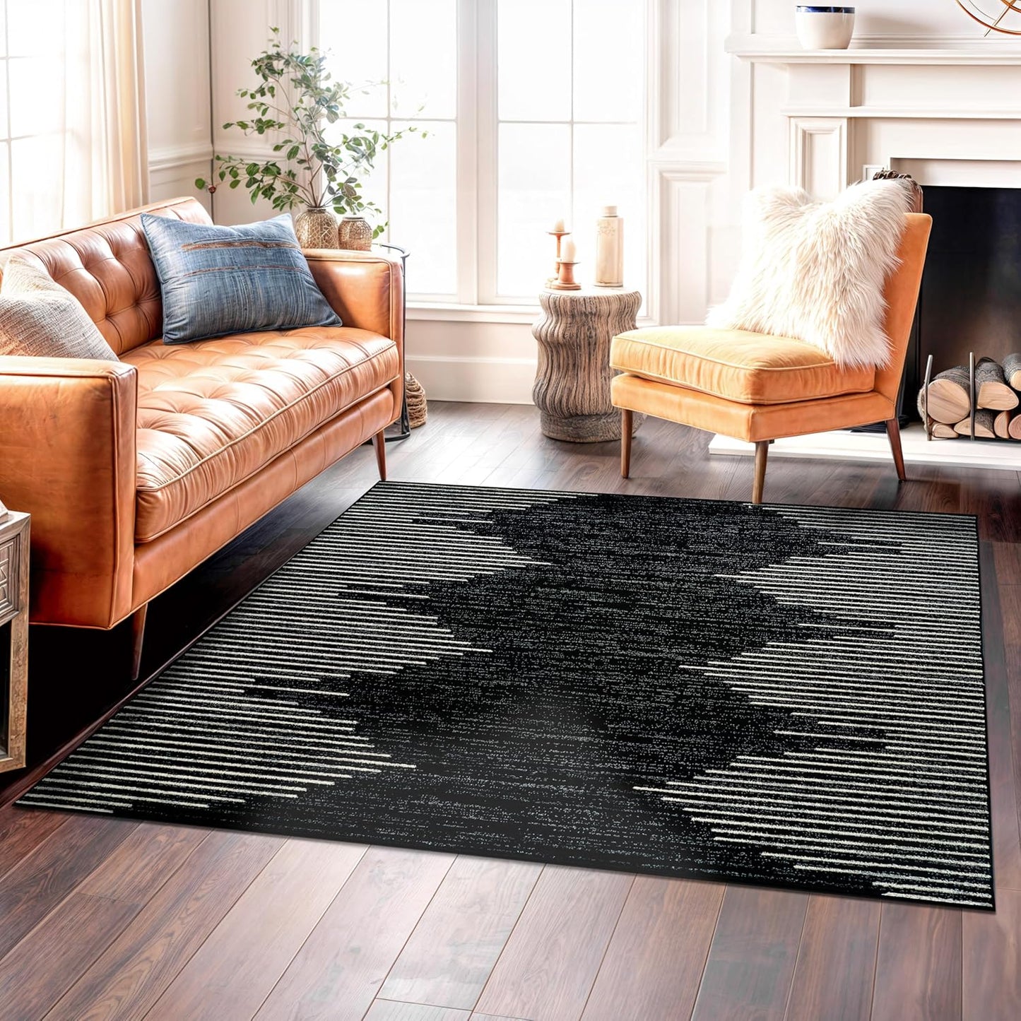 Rugshop Bohemian Stripe Stain Resistant High Traffic Living Room Kitchen Bedroom Dining Home Office Area Rug 5' x 7' Black